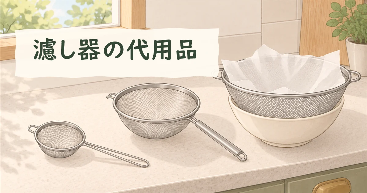 細かな網の茶こしとザル、対応する調理用ペーパーを載せたザルを、使用前に作業台で確認するイラスト。