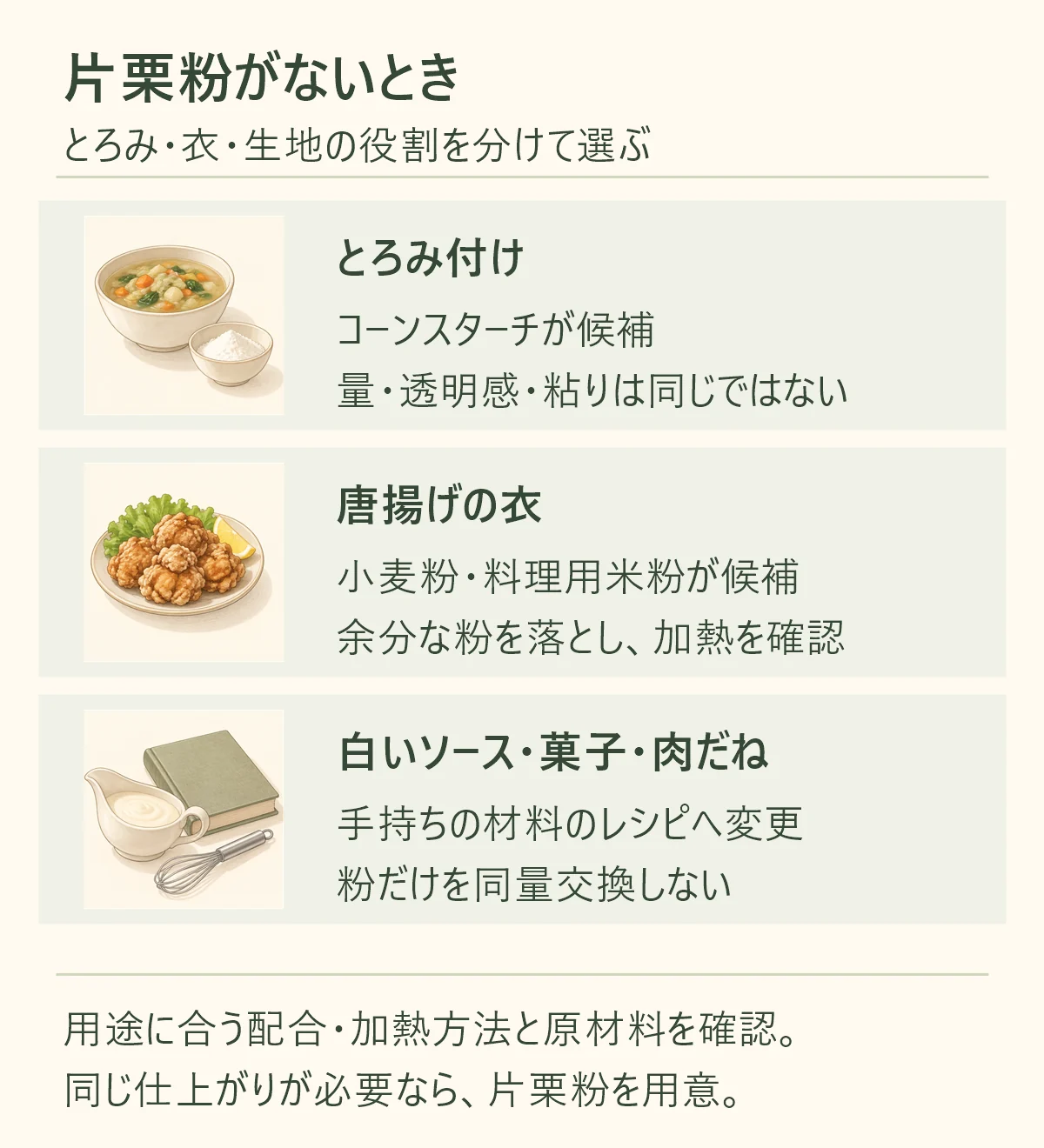 片栗粉がないときの用途別の選び方。とろみ付けにはコーンスターチが候補だが量・透明感・粘りは同じではない。唐揚げの衣には小麦粉や料理用米粉が候補で、余分な粉を落として加熱方法を守る。白いソース・お菓子・肉だねは手元の材料を使うレシピへ変更し、粉だけを同量交換しない。配合・加熱・原材料を確認し、同じ仕上がりが必要なら片栗粉を用意する。