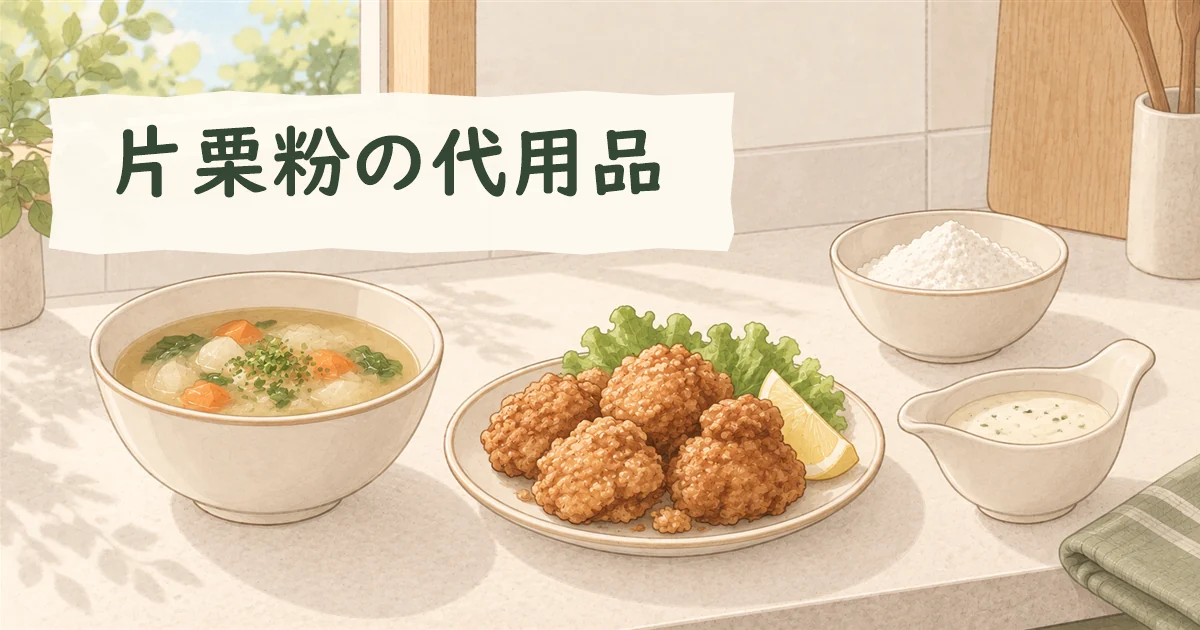 別々に盛ったとろみのあるスープ、唐揚げ、ホワイトソースで、片栗粉がないときの用途を分けて考えるイラスト。