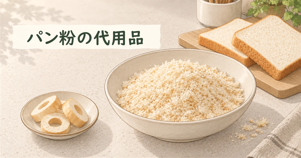 粗いパン粉を入れた浅い器を主役に、食パンと乾いた焼き麩を別々に添えたイラスト。衣とつなぎの用途を分けて代用品を選ぶ記事の表紙。