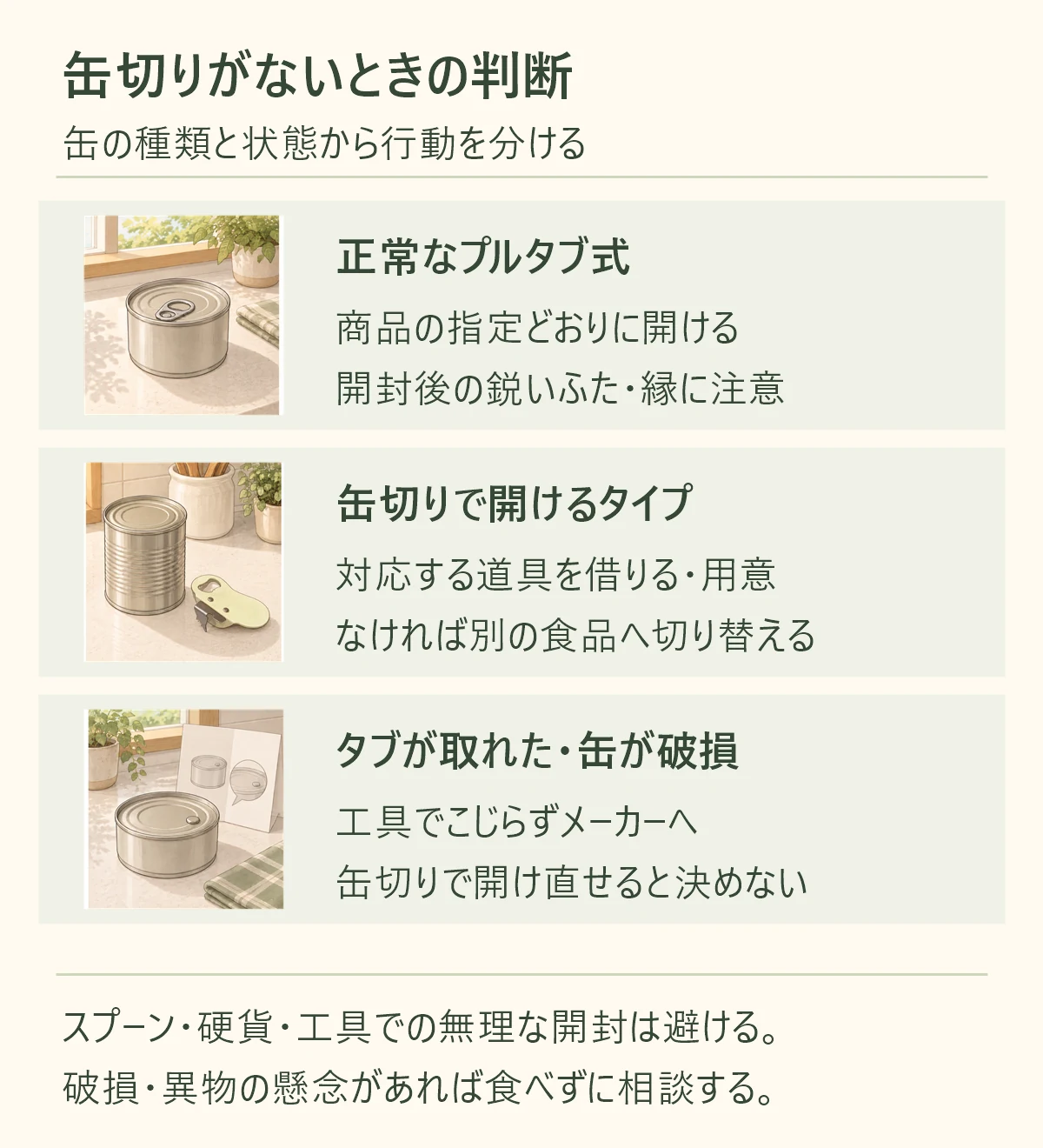 正常なプルタブ式、商品の指定どおりに開ける、開封後の鋭いふた・縁に注意。缶切りで開けるタイプ、対応する道具を借りる・用意、なければ別の食品へ切り替える。タブが取れた・缶が破損、工具でこじらずメーカーへ、缶切りで開け直せると決めない。スプーン・硬貨・工具での無理な開封は避ける。 破損・異物の懸念があれば食べずに相談する。