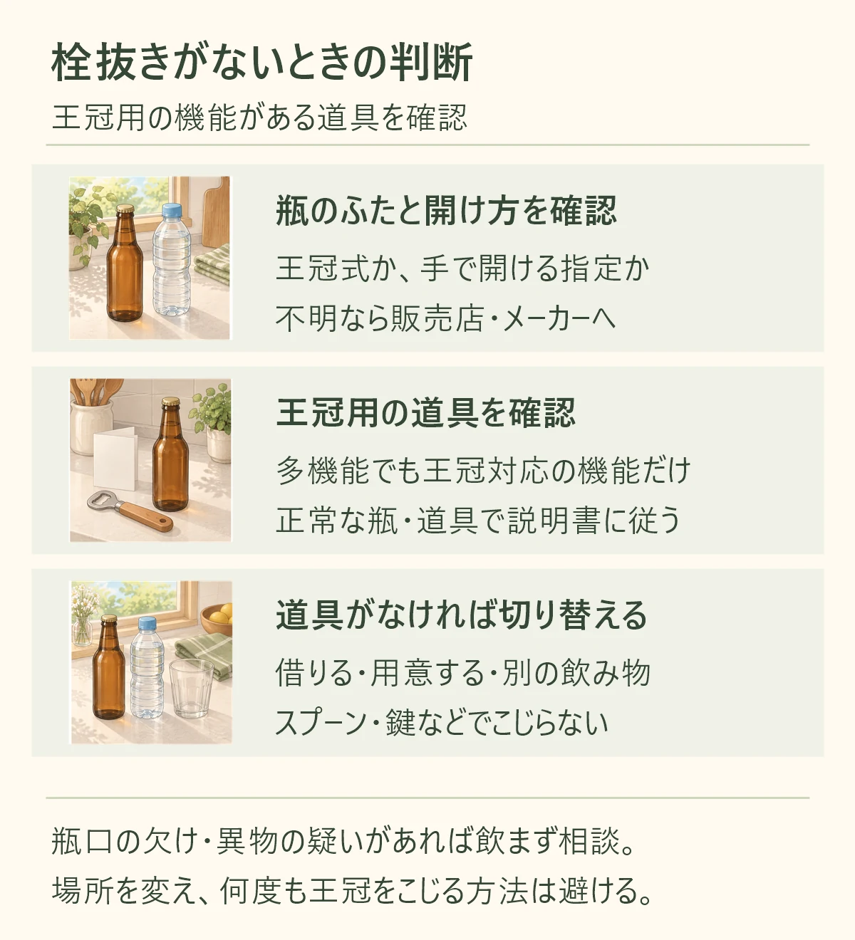 瓶のふたと開け方を確認、王冠式か、手で開ける指定か、不明なら販売店・メーカーへ。王冠用の道具を確認、多機能でも王冠対応の機能だけ、正常な瓶・道具で説明書に従う。道具がなければ切り替える、借りる・用意する・別の飲み物、スプーン・鍵などでこじらない。瓶口の欠け・異物の疑いがあれば飲まず相談。 場所を変え、何度も王冠をこじる方法は避ける。
