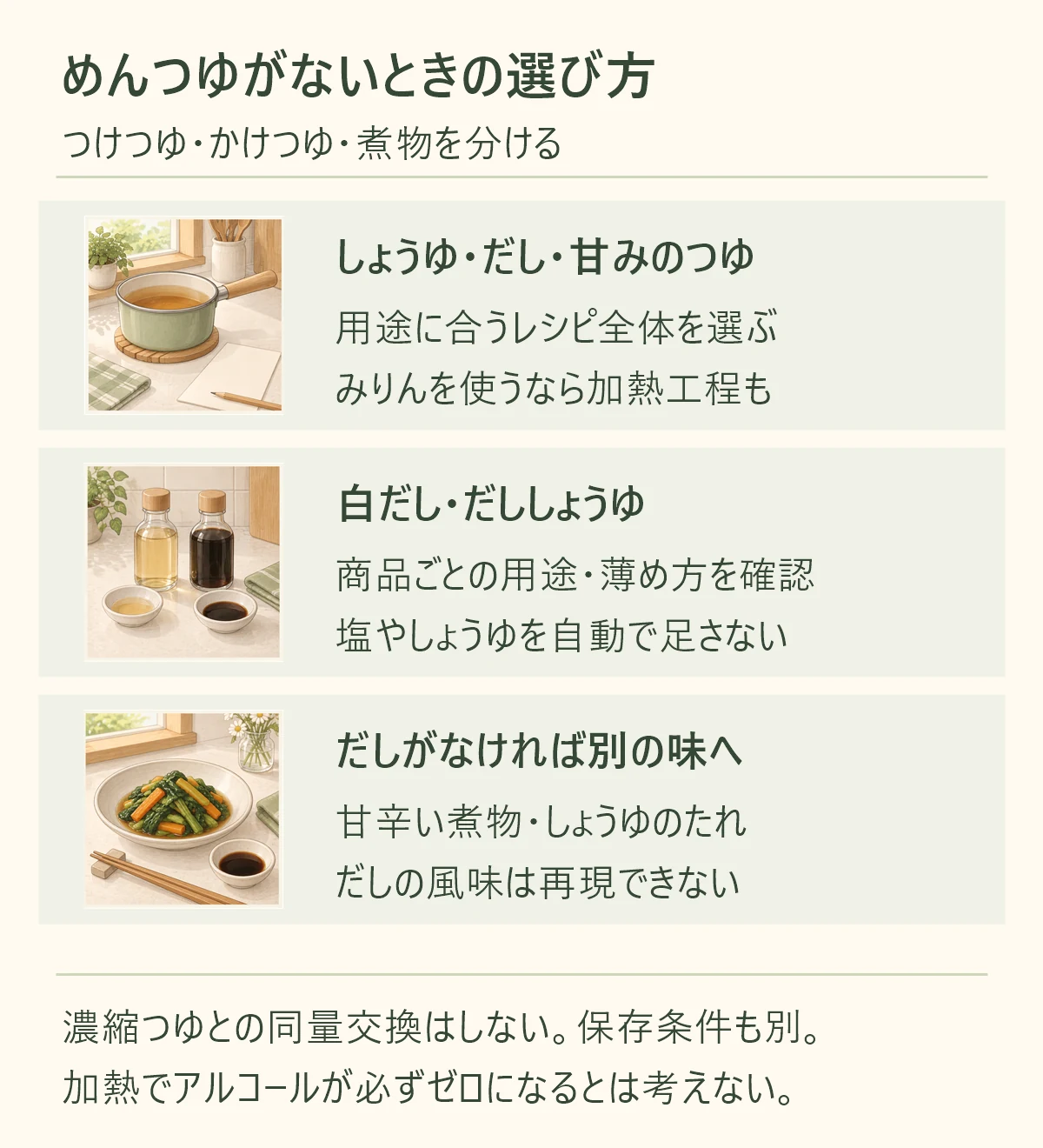 しょうゆ・だし・甘みのつゆ、用途に合うレシピ全体を選ぶ、みりんを使うなら加熱工程も。白だし・だししょうゆ、商品ごとの用途・薄め方を確認、塩やしょうゆを自動で足さない。だしがなければ別の味へ、甘辛い煮物・しょうゆのたれ、だしの風味は再現できない。濃縮つゆとの同量交換はしない。保存条件も別。 加熱でアルコールが必ずゼロになるとは考えない。