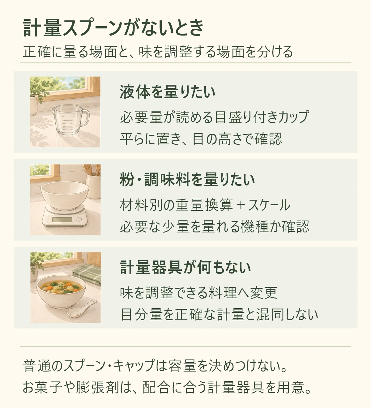 計量スプーンがないとき、液体は必要量が読める目盛り付きカップを平らに置き、目の高さで確認。粉や調味料は材料別の重量換算と、必要な少量を量れるスケールを使う。計量器具が何もなければ味を調整できる料理へ変更するが、目分量を正確な計量とは扱わない。普通のスプーンやキャップは容量を決めつけず、お菓子や膨張剤には配合に合う計量器具を用意する。
