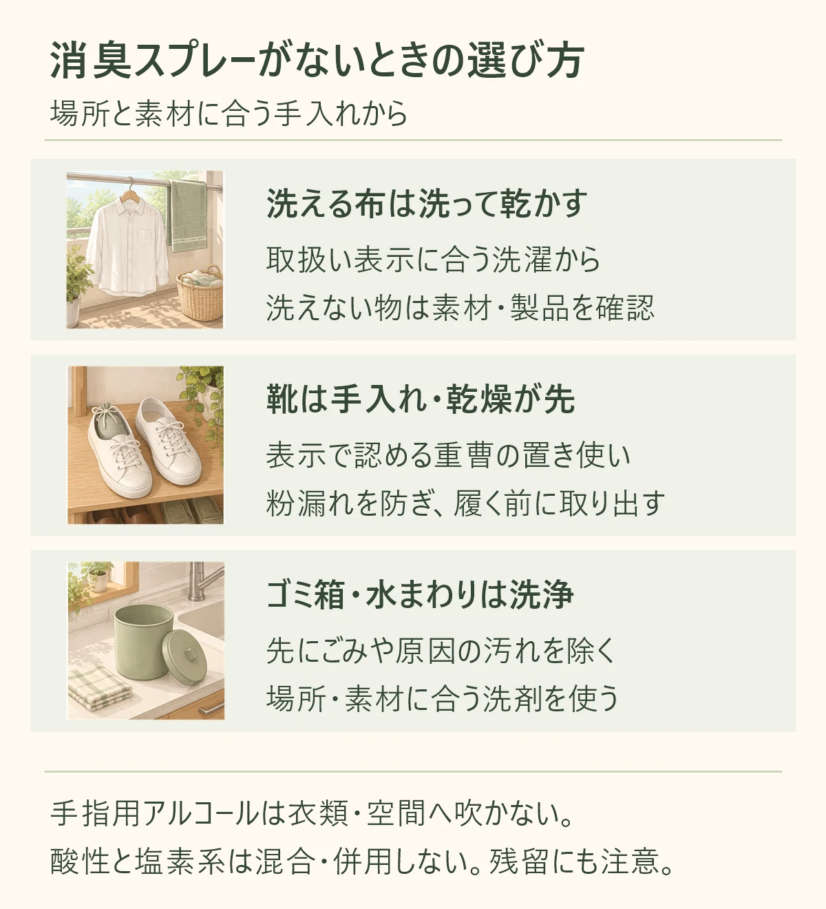 洗える布は洗って乾かす、取扱い表示に合う洗濯から、洗えない物は素材・製品を確認。靴は手入れ・乾燥が先、表示で認める重曹の置き使い、粉漏れを防ぎ、履く前に取り出す。ゴミ箱・水まわりは洗浄、先にごみや原因の汚れを除く、場所・素材に合う洗剤を使う。手指用アルコールは衣類・空間へ吹かない。 酸性と塩素系は混合・併用しない。残留にも注意。