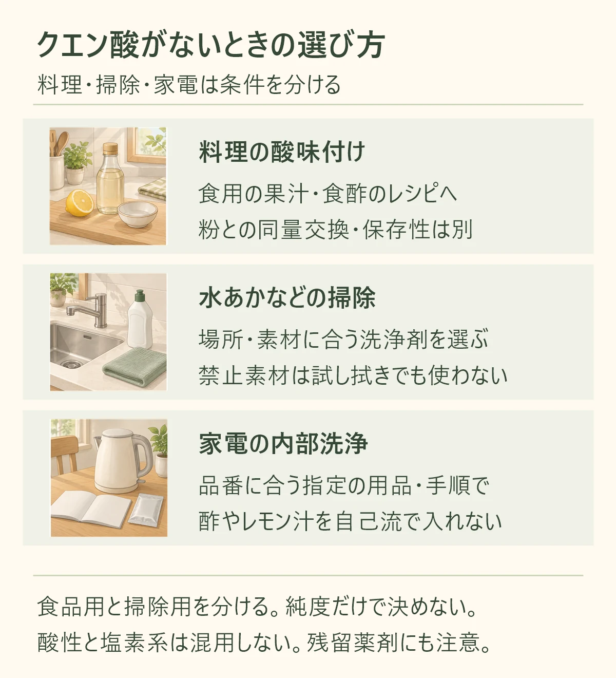 料理の酸味付け、食用の果汁・食酢のレシピへ、粉との同量交換・保存性は別。水あかなどの掃除、場所・素材に合う洗浄剤を選ぶ、禁止素材は試し拭きでも使わない。家電の内部洗浄、品番に合う指定の用品・手順で、酢やレモン汁を自己流で入れない。食品用と掃除用を分ける。純度だけで決めない。 酸性と塩素系は混用しない。残留薬剤にも注意。