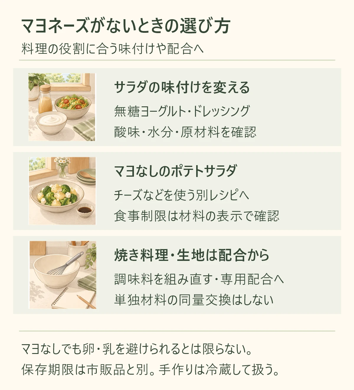 サラダの味付けを変える、無糖ヨーグルト・ドレッシング、酸味・水分・原材料を確認。マヨなしのポテトサラダ、チーズなどを使う別レシピへ、食事制限は材料の表示で確認。焼き料理・生地は配合から、調味料を組み直す・専用配合へ、単独材料の同量交換はしない。マヨなしでも卵・乳を避けられるとは限らない。 保存期限は市販品と別。手作りは冷蔵して扱う。
