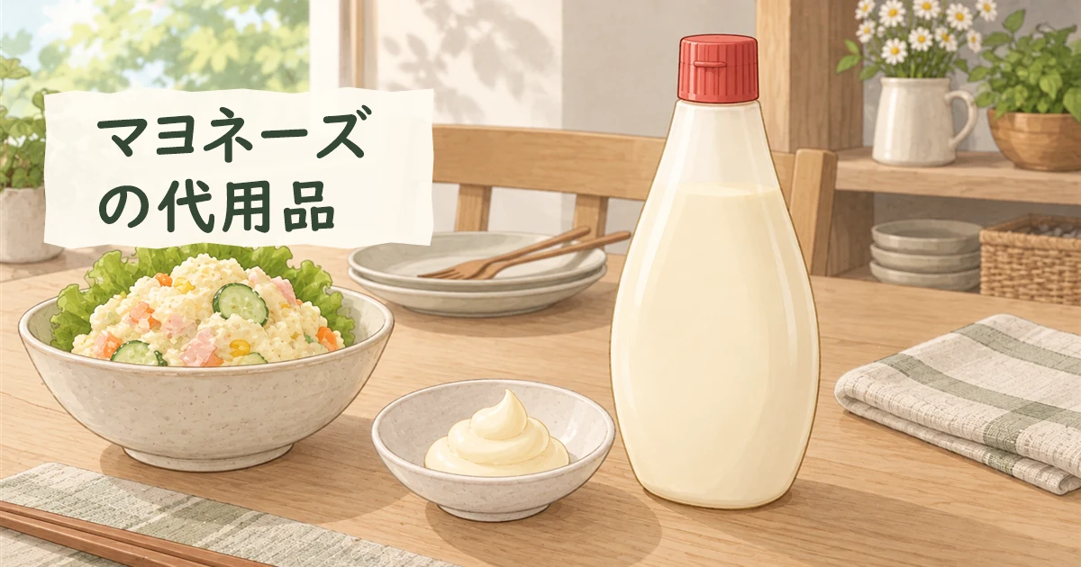 マヨネーズを示す無地の柔らかな調味料ボトルと白いソースの器を主役に、サラダのある食卓を添えたイラスト。