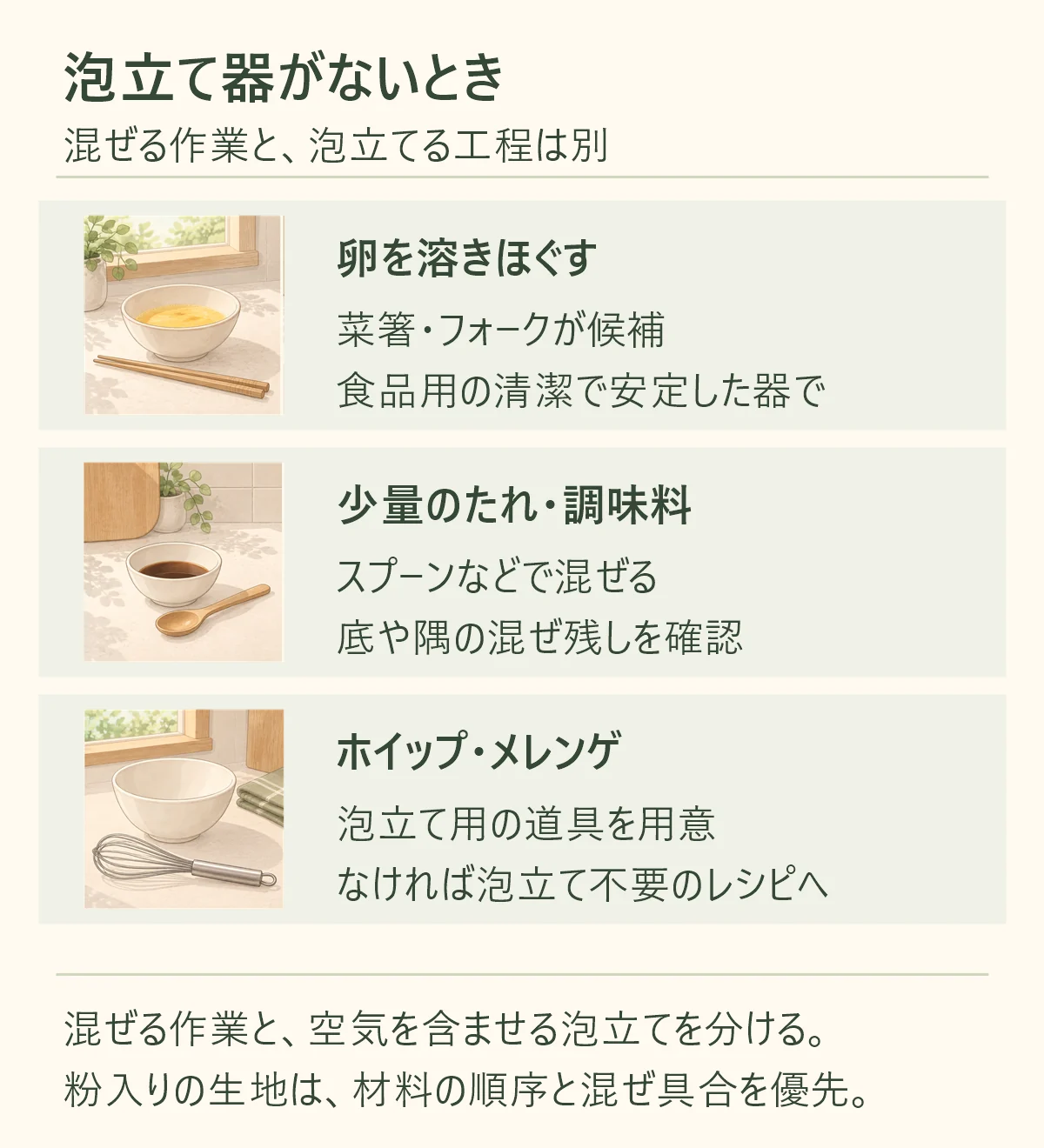 泡立て器がないとき、卵を溶きほぐすなら菜箸やフォーク、少量のたれや調味料ならスプーンなどが候補。食品用の清潔で安定した器を使い、混ぜ残しを確認する。ホイップやメレンゲには泡立て用の道具を用意し、なければ泡立て不要のレシピへ変更する。混ぜる作業と空気を含ませる工程は別で、粉入り生地は材料の順序と混ぜ具合をレシピに合わせる。