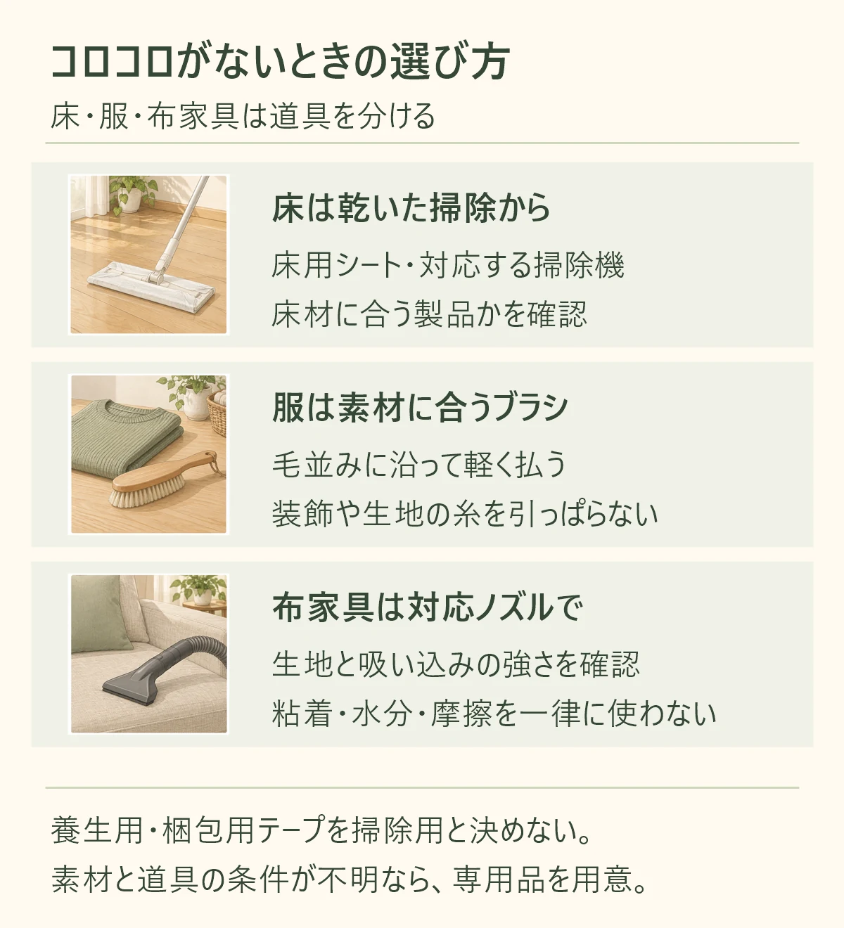床は乾いた掃除から、床用シート・対応する掃除機、床材に合う製品かを確認。服は素材に合うブラシ、毛並みに沿って軽く払う、装飾や生地の糸を引っぱらない。布家具は対応ノズルで、生地と吸い込みの強さを確認、粘着・水分・摩擦を一律に使わない。養生用・梱包用テープを掃除用と決めない。 素材と道具の条件が不明なら、専用品を用意。