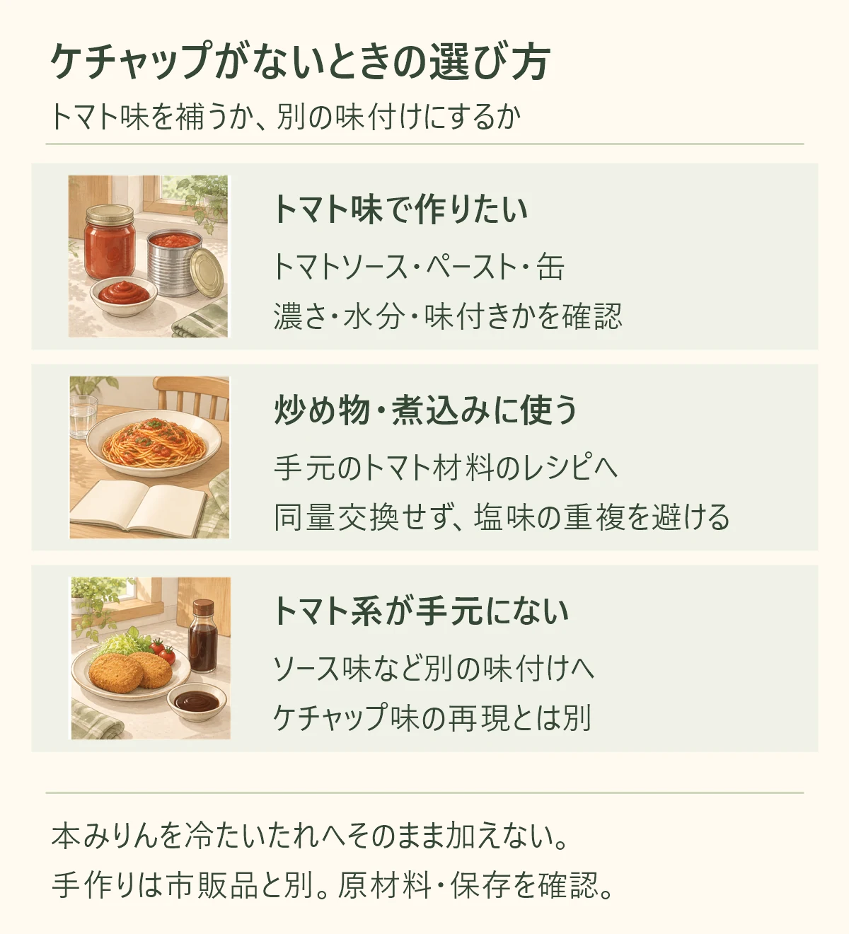 トマト味で作りたい、トマトソース・ペースト・缶、濃さ・水分・味付きかを確認。炒め物・煮込みに使う、手元のトマト材料のレシピへ、同量交換せず、塩味の重複を避ける。トマト系が手元にない、ソース味など別の味付けへ、ケチャップ味の再現とは別。本みりんを冷たいたれへそのまま加えない。 手作りは市販品と別。原材料・保存を確認。