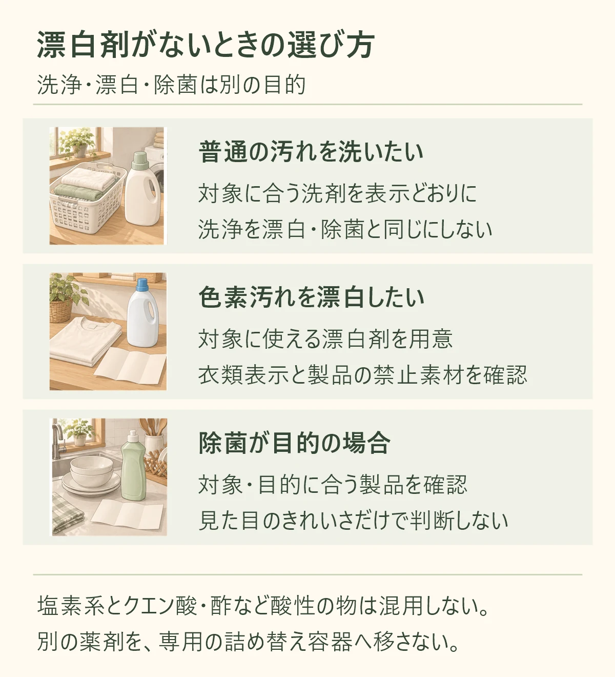 普通の汚れを洗いたい、対象に合う洗剤を表示どおりに、洗浄を漂白・除菌と同じにしない。色素汚れを漂白したい、対象に使える漂白剤を用意、衣類表示と製品の禁止素材を確認。除菌が目的の場合、対象・目的に合う製品を確認、見た目のきれいさだけで判断しない。塩素系とクエン酸・酢など酸性の物は混用しない。 別の薬剤を、専用の詰め替え容器へ移さない。