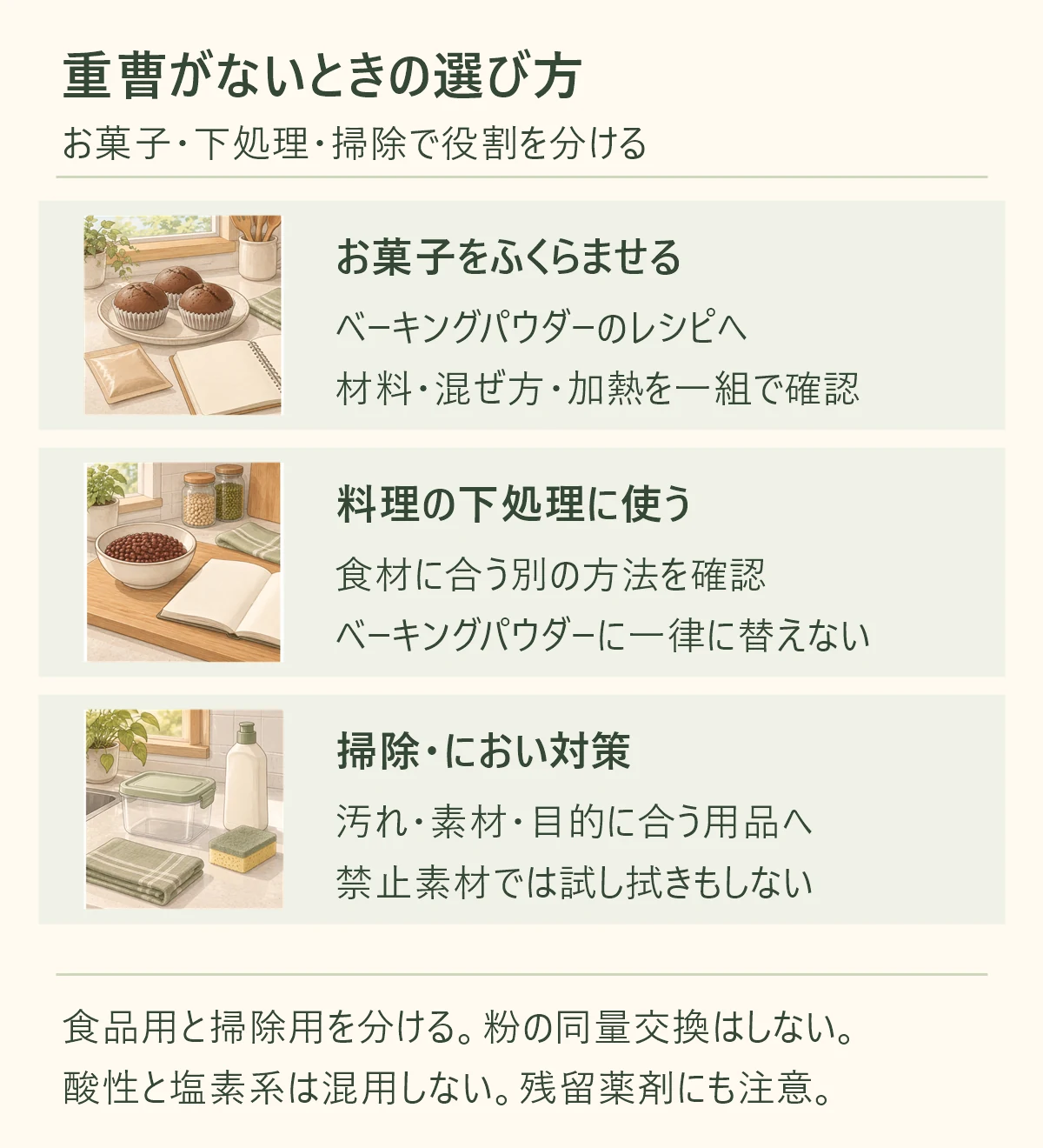 お菓子をふくらませる、ベーキングパウダーのレシピへ、材料・混ぜ方・加熱を一組で確認。料理の下処理に使う、食材に合う別の方法を確認、ベーキングパウダーに一律に替えない。掃除・におい対策、汚れ・素材・目的に合う用品へ、禁止素材では試し拭きもしない。食品用と掃除用を分ける。粉の同量交換はしない。 酸性と塩素系は混用しない。残留薬剤にも注意。