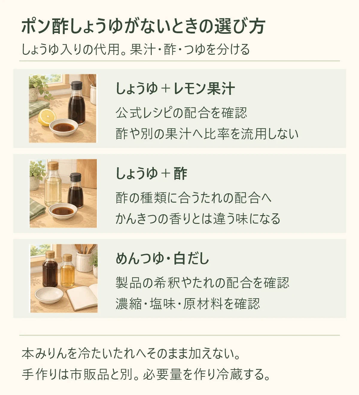 しょうゆ+レモン果汁、公式レシピの配合を確認、酢や別の果汁へ比率を流用しない。しょうゆ+酢、酢の種類に合うたれの配合へ、かんきつの香りとは違う味になる。めんつゆ・白だし、製品の希釈やたれの配合を確認、濃縮・塩味・原材料を確認。本みりんを冷たいたれへそのまま加えない。 手作りは市販品と別。必要量を作り冷蔵する。