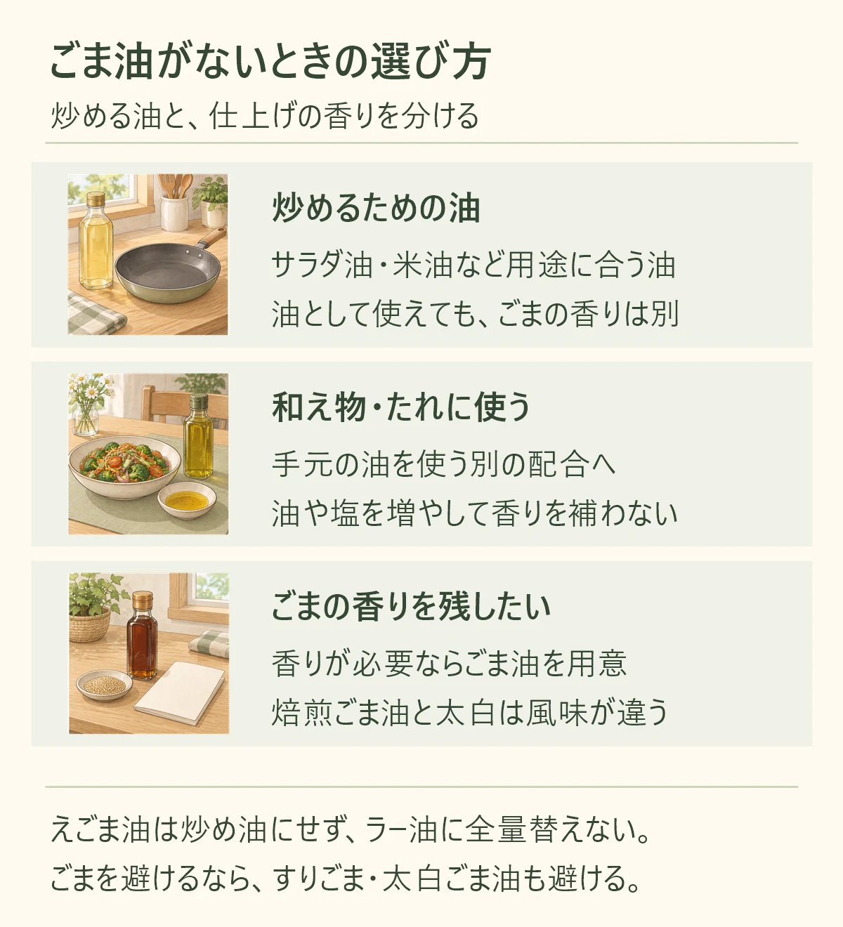 炒めるための油、サラダ油・米油など用途に合う油、油として使えても、ごまの香りは別。和え物・たれに使う、手元の油を使う別の配合へ、油や塩を増やして香りを補わない。ごまの香りを残したい、香りが必要ならごま油を用意、焙煎ごま油と太白は風味が違う。えごま油は炒め油にせず、ラー油に全量替えない。 ごまを避けるなら、すりごま・太白ごま油も避ける。
