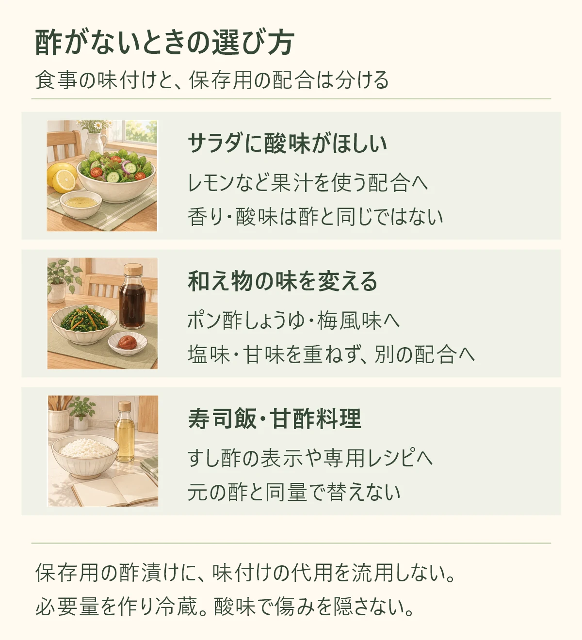 サラダに酸味がほしい、レモンなど果汁を使う配合へ、香り・酸味は酢と同じではない。和え物の味を変える、ポン酢しょうゆ・梅風味へ、塩味・甘味を重ねず、別の配合へ。寿司飯・甘酢料理、すし酢の表示や専用レシピへ、元の酢と同量で替えない。保存用の酢漬けに、味付けの代用を流用しない。 必要量を作り冷蔵。酸味で傷みを隠さない。