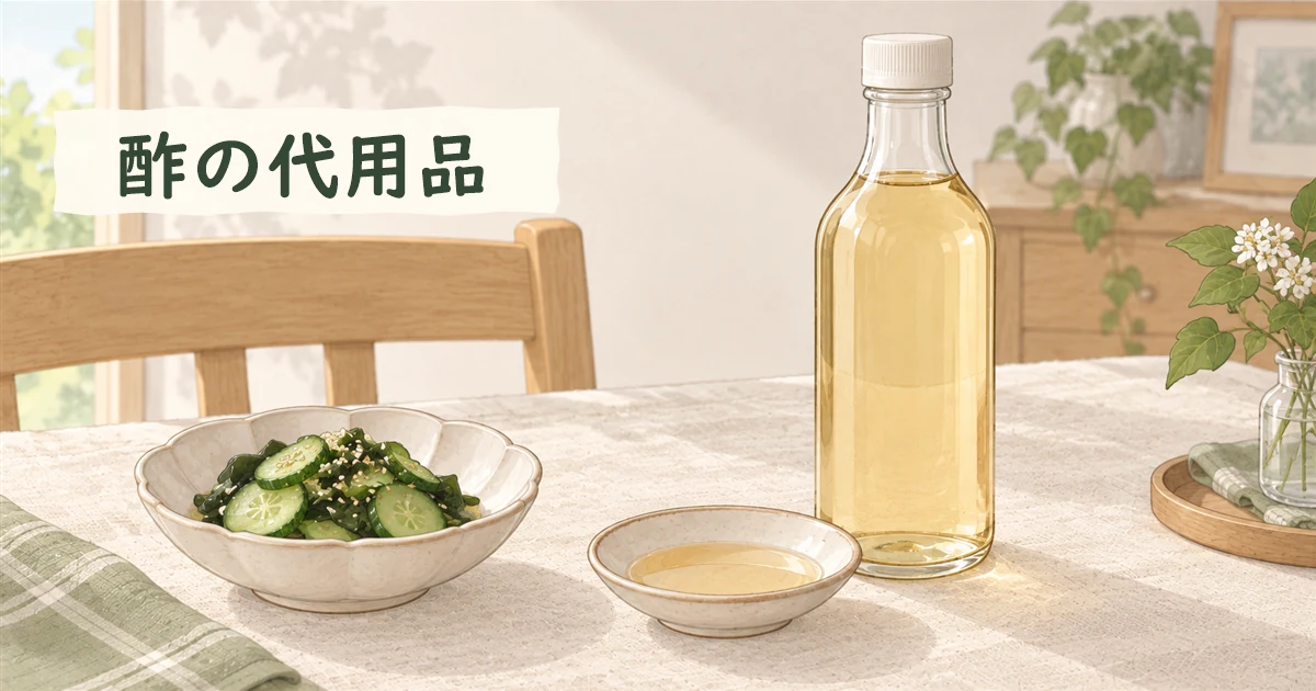 食用酢の淡い黄金色の瓶と小皿を主役に、きゅうりの酢の物を添えた温かな食卓のイラスト。