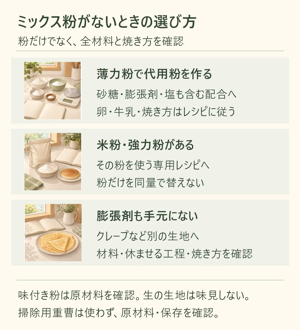 薄力粉で代用粉を作る、砂糖・膨張剤・塩も含む配合へ、卵・牛乳・焼き方はレシピに従う。米粉・強力粉がある、その粉を使う専用レシピへ、粉だけを同量で替えない。膨張剤も手元にない、クレープなど別の生地へ、材料・休ませる工程・焼き方を確認。味付き粉は原材料を確認。生の生地は味見しない。 掃除用重曹は使わず、原材料・保存を確認。