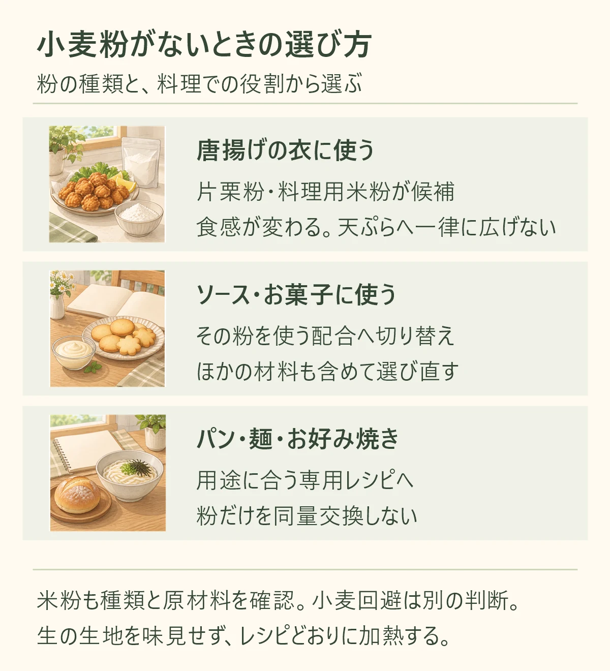 唐揚げの衣に使う、片栗粉・料理用米粉が候補、食感が変わる。天ぷらへ一律に広げない。ソース・お菓子に使う、その粉を使う配合へ切り替え、ほかの材料も含めて選び直す。パン・麺・お好み焼き、用途に合う専用レシピへ、粉だけを同量交換しない。米粉も種類と原材料を確認。小麦回避は別の判断。 生の生地を味見せず、レシピどおりに加熱する。