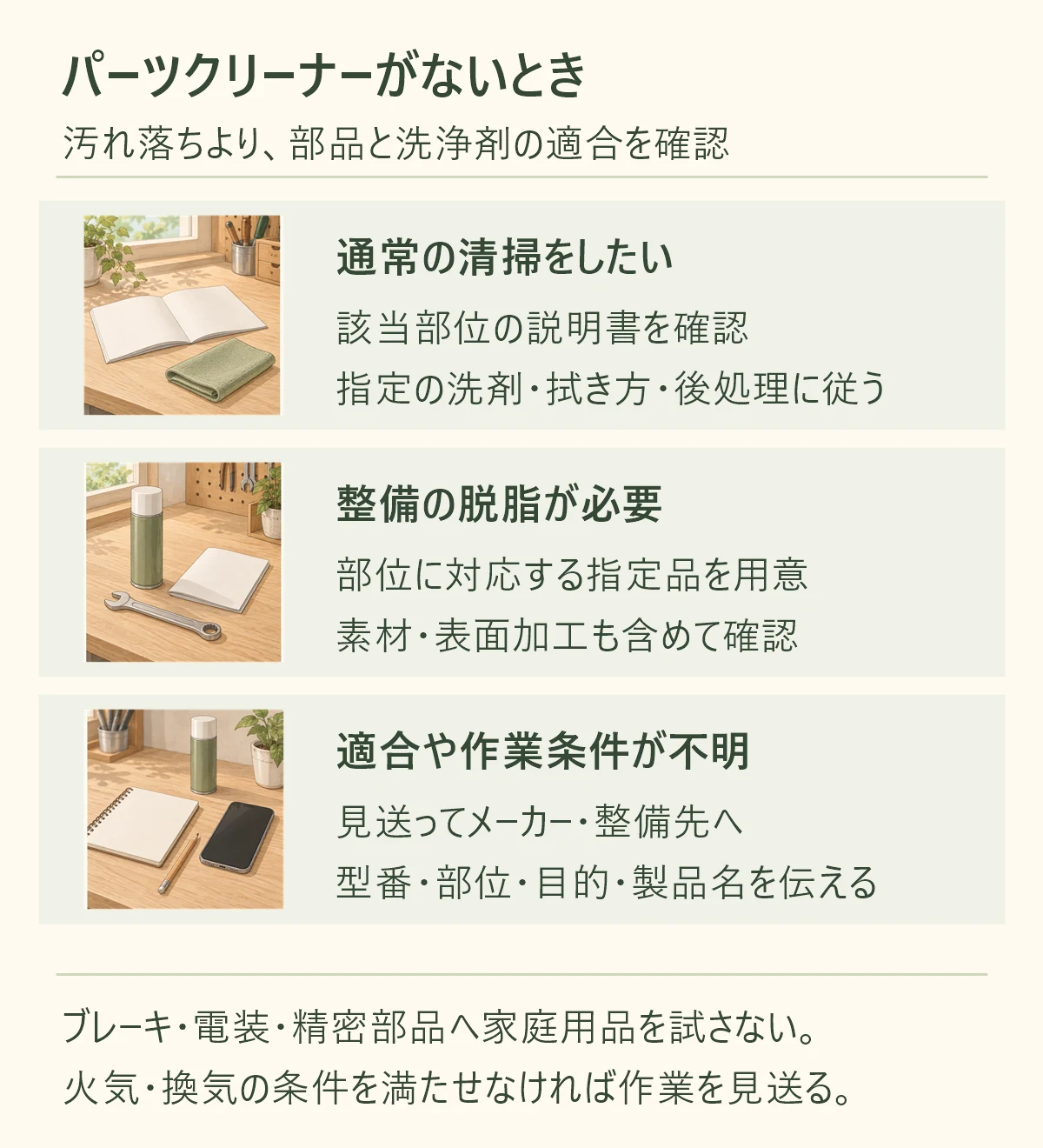通常の清掃をしたい、該当部位の説明書を確認、指定の洗剤・拭き方・後処理に従う。整備の脱脂が必要、部位に対応する指定品を用意、素材・表面加工も含めて確認。適合や作業条件が不明、見送ってメーカー・整備先へ、型番・部位・目的・製品名を伝える。ブレーキ・電装・精密部品へ家庭用品を試さない。 火気・換気の条件を満たせなければ作業を見送る。
