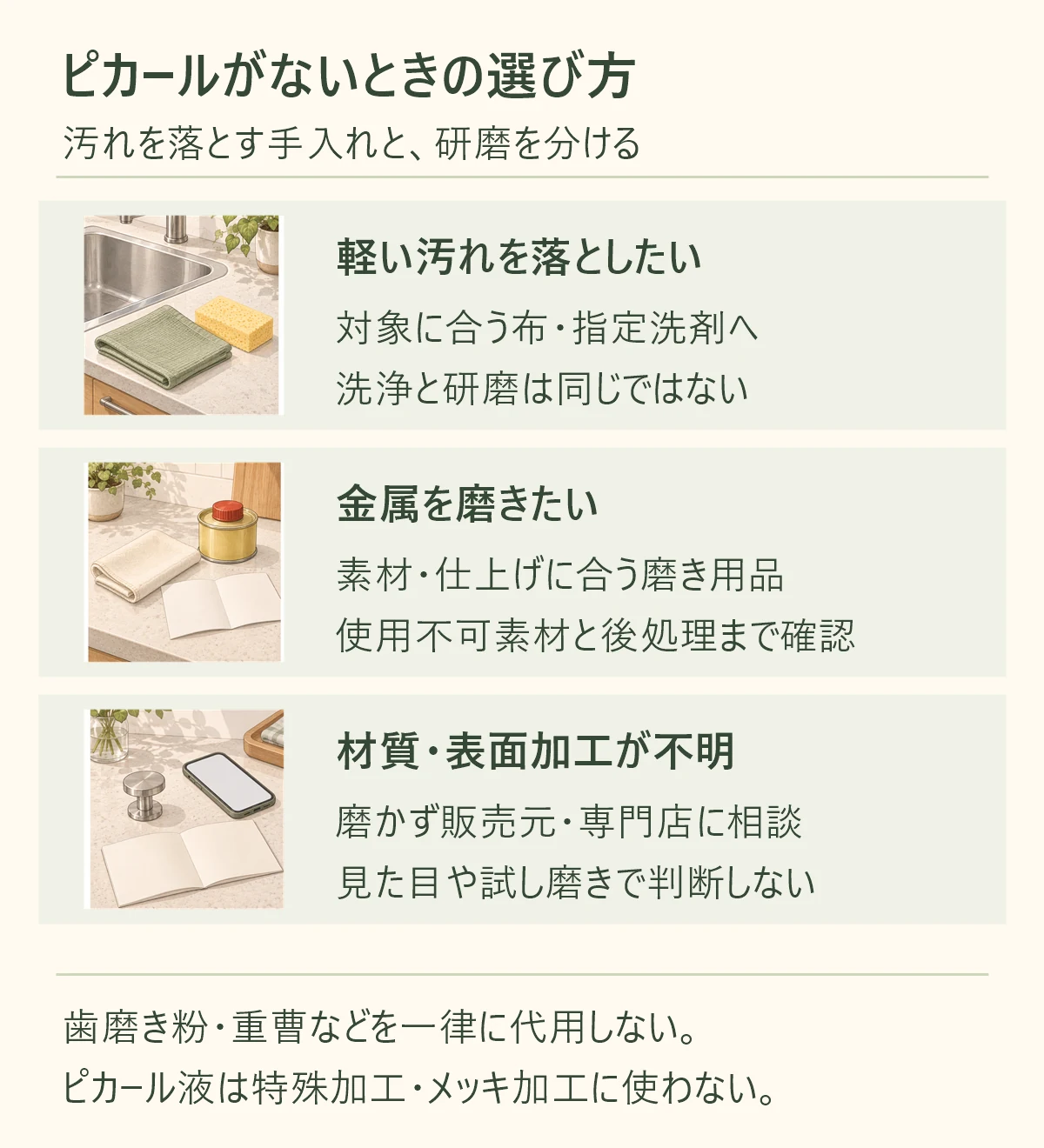 軽い汚れを落としたい、対象に合う布・指定洗剤へ、洗浄と研磨は同じではない。金属を磨きたい、素材・仕上げに合う磨き用品、使用不可素材と後処理まで確認。材質・表面加工が不明、磨かず販売元・専門店に相談、見た目や試し磨きで判断しない。歯磨き粉・重曹などを一律に代用しない。 ピカール液は特殊加工・メッキ加工に使わない。