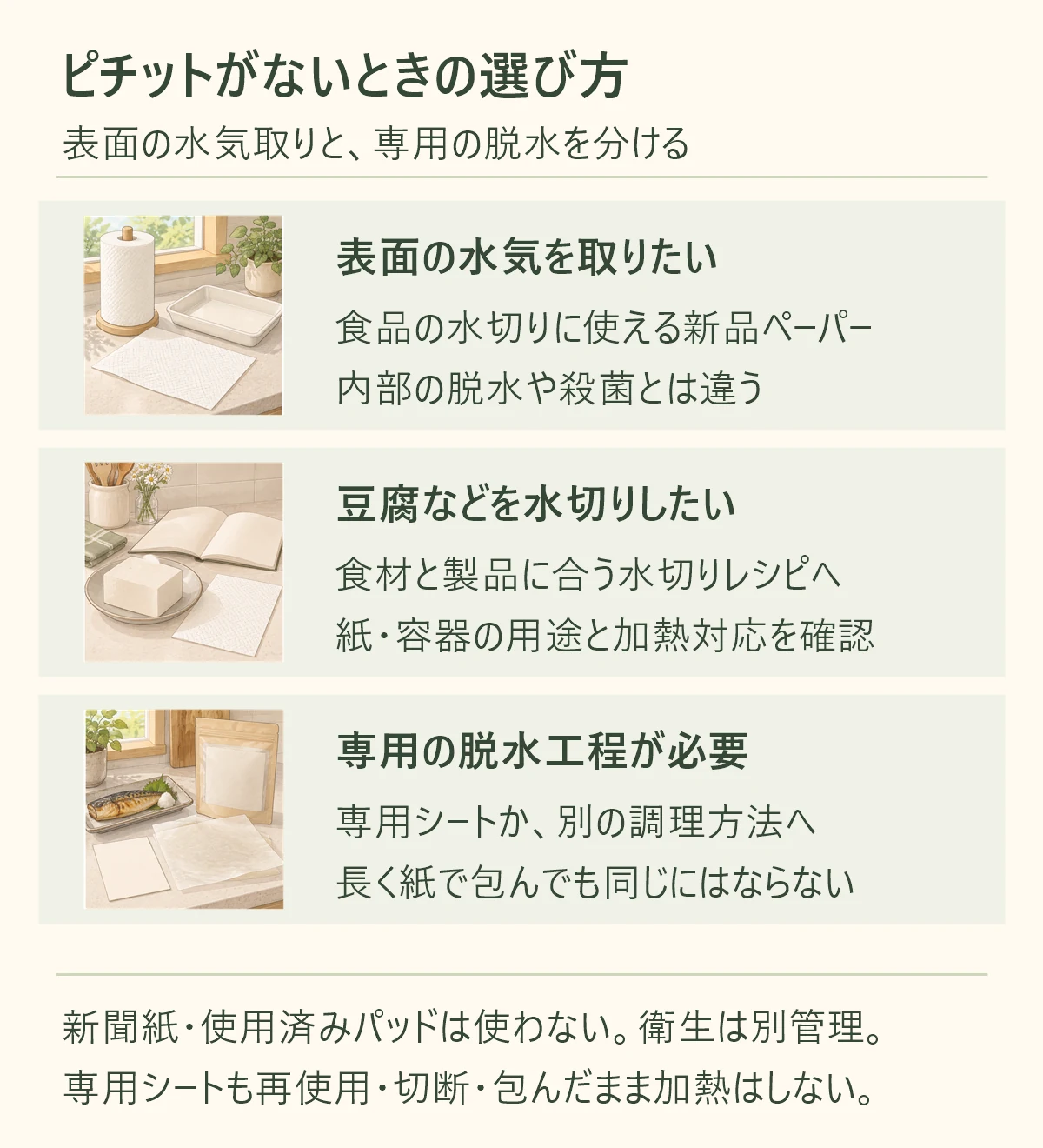 表面の水気を取りたい、食品の水切りに使える新品ペーパー、内部の脱水や殺菌とは違う。豆腐などを水切りしたい、食材と製品に合う水切りレシピへ、紙・容器の用途と加熱対応を確認。専用の脱水工程が必要、専用シートか、別の調理方法へ、長く紙で包んでも同じにはならない。新聞紙・使用済みパッドは使わない。衛生は別管理。 専用シートも再使用・切断・包んだまま加熱はしない。