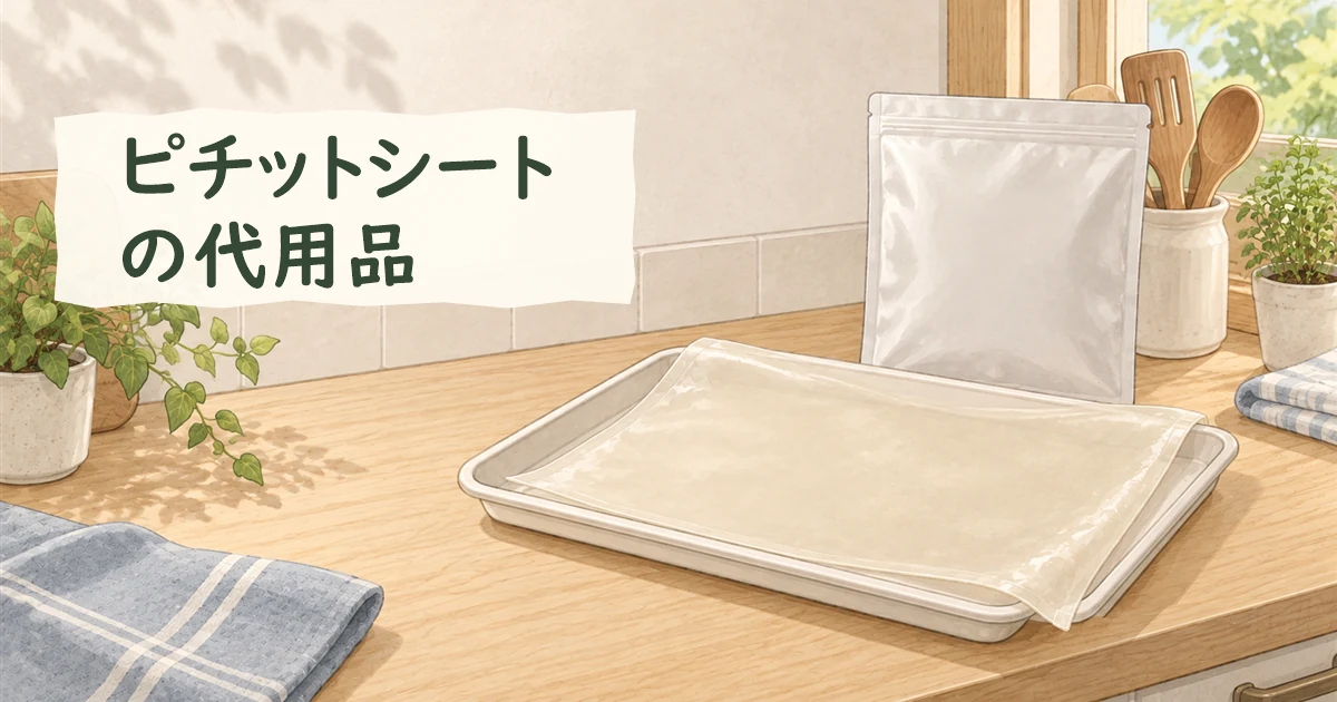 食品用脱水シートを表す半透明の切っていない長方形シートを主役に、無地の包装と空の食品トレーを添えたイラスト。
