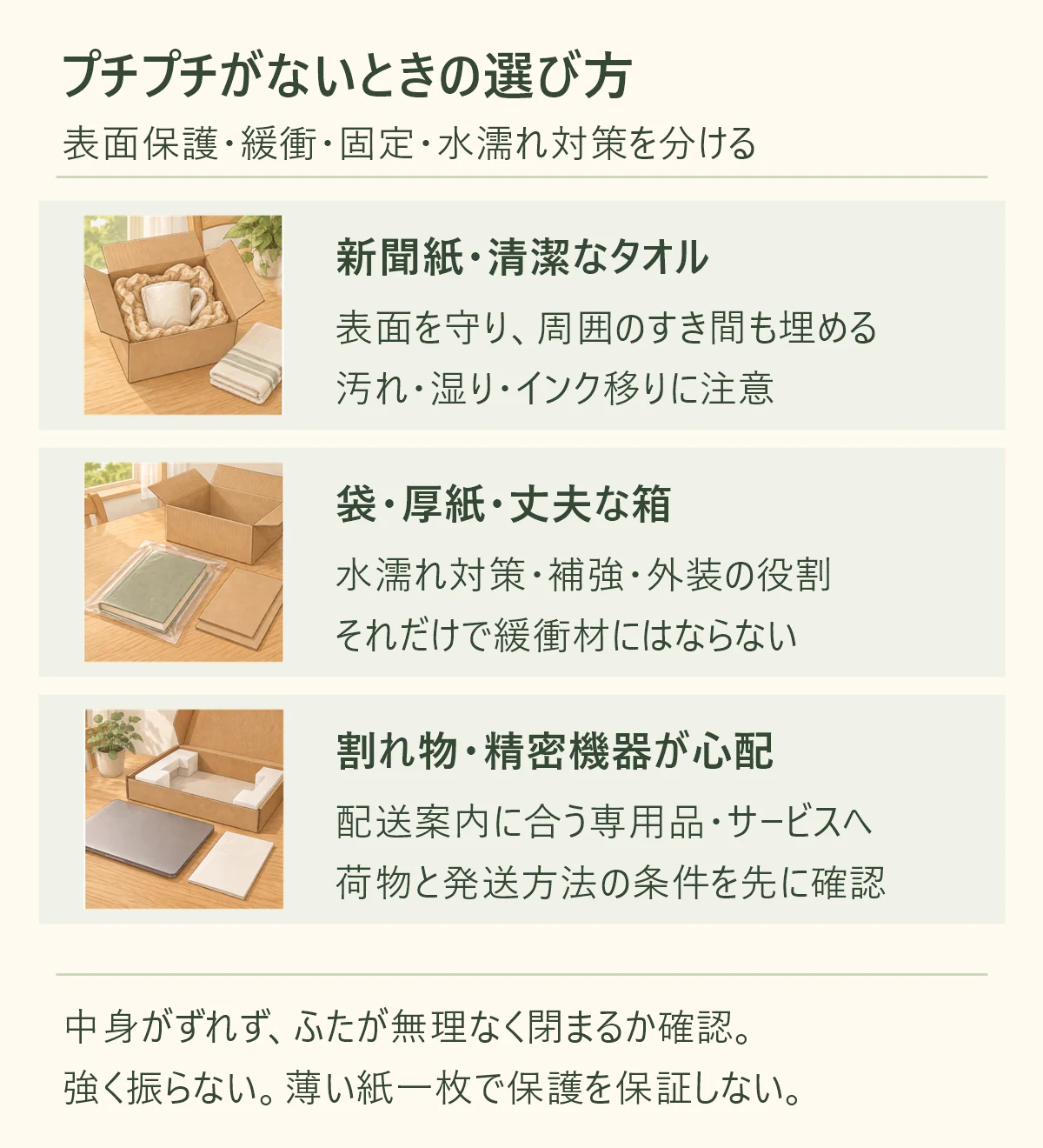新聞紙・清潔なタオル、表面を守り、周囲のすき間も埋める、汚れ・湿り・インク移りに注意。袋・厚紙・丈夫な箱、水濡れ対策・補強・外装の役割、それだけで緩衝材にはならない。割れ物・精密機器が心配、配送案内に合う専用品・サービスへ、荷物と発送方法の条件を先に確認。中身がずれず、ふたが無理なく閉まるか確認。 強く振らない。薄い紙一枚で保護を保証しない。