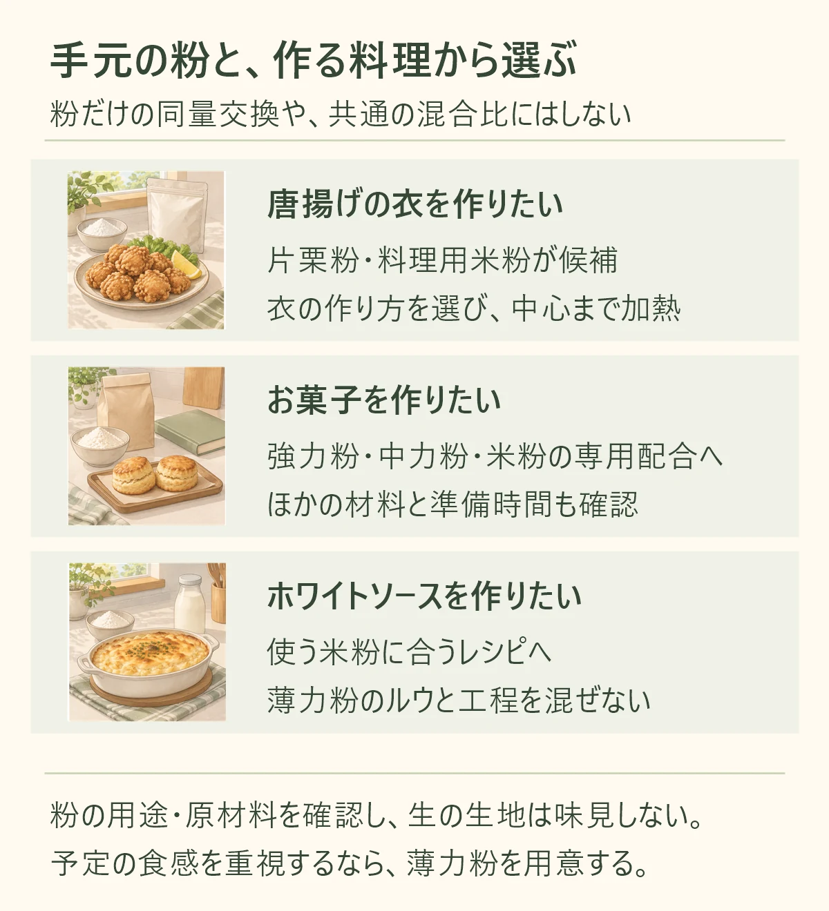 唐揚げの衣を作りたい、片栗粉・料理用米粉が候補、衣の作り方を選び、中心まで加熱。お菓子を作りたい、強力粉・中力粉・米粉の専用配合へ、ほかの材料と準備時間も確認。ホワイトソースを作りたい、使う米粉に合うレシピへ、薄力粉のルウと工程を混ぜない。粉の用途・原材料を確認し、生の生地は味見しない。 予定の食感を重視するなら、薄力粉を用意する。