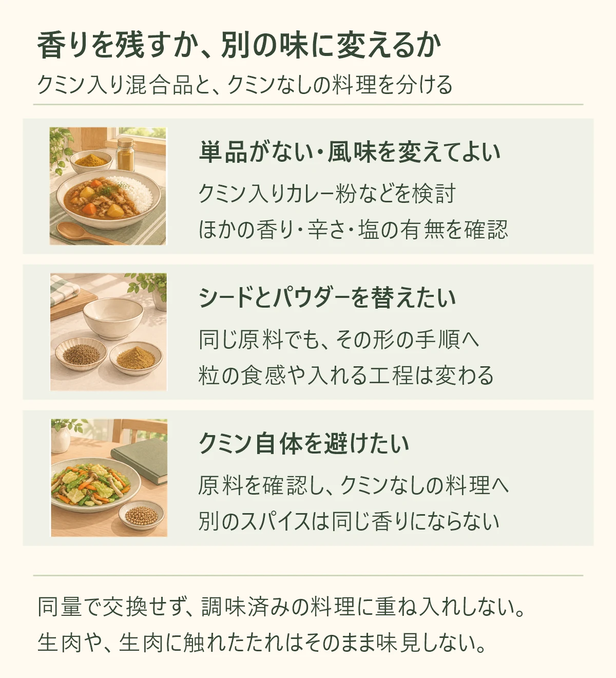 単品がない・風味を変えてよい、クミン入りカレー粉などを検討、ほかの香り・辛さ・塩の有無を確認。シードとパウダーを替えたい、同じ原料でも、その形の手順へ、粒の食感や入れる工程は変わる。クミン自体を避けたい、原料を確認し、クミンなしの料理へ、別のスパイスは同じ香りにならない。同量で交換せず、調味済みの料理に重ね入れしない。 生肉や、生肉に触れたたれはそのまま味見しない。