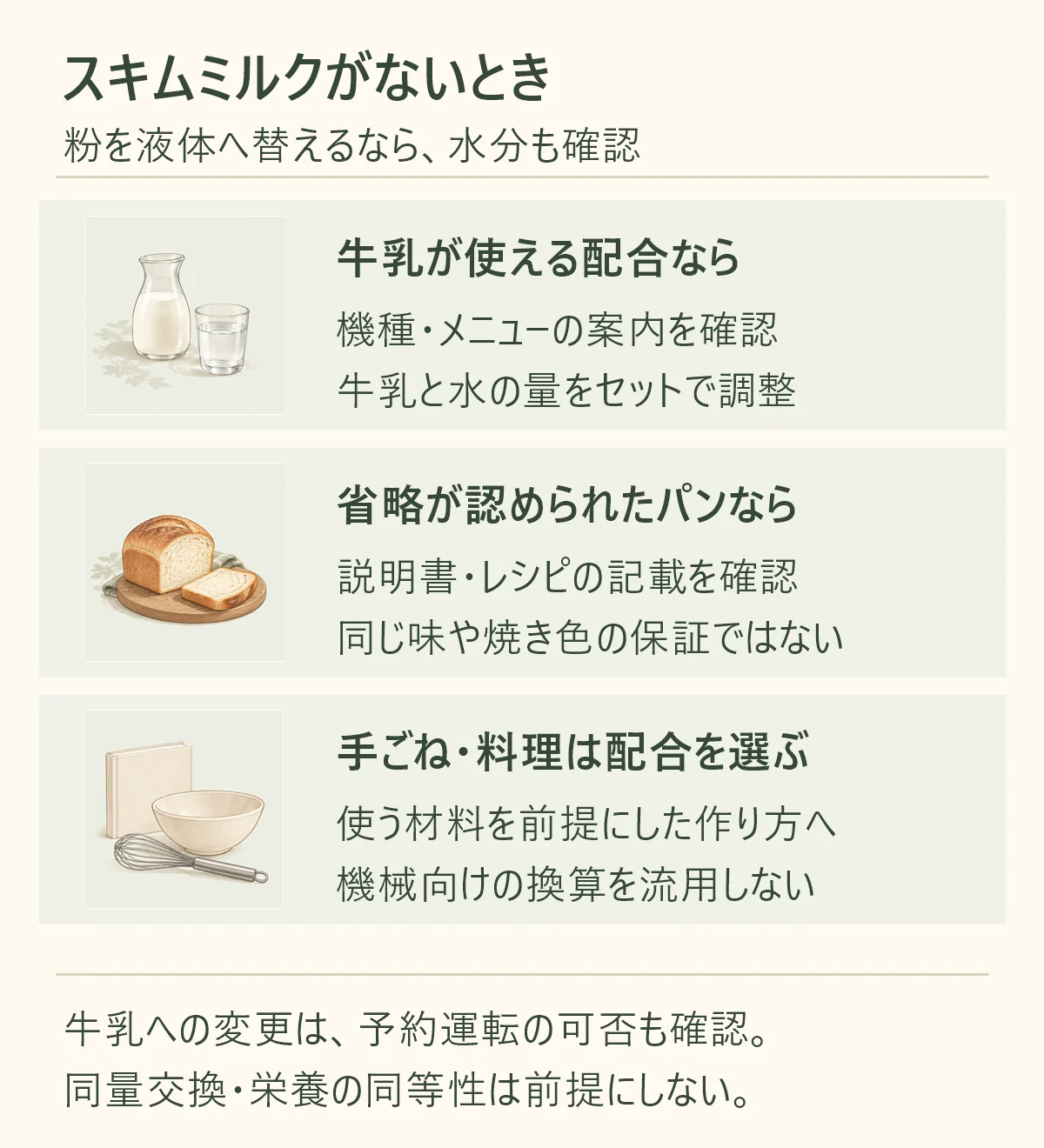 スキムミルクがないときは、ホームベーカリーなら機種・メニューに対応する牛乳と水の量を確認し、予約運転の可否も見る。省略するなら説明書やレシピで認められた配合だけを選ぶ。手ごねパンや料理は使う材料を前提にしたレシピへ切り替え、機械向けの換算を流用しない。同量交換や栄養面の同等性を前提にしない。