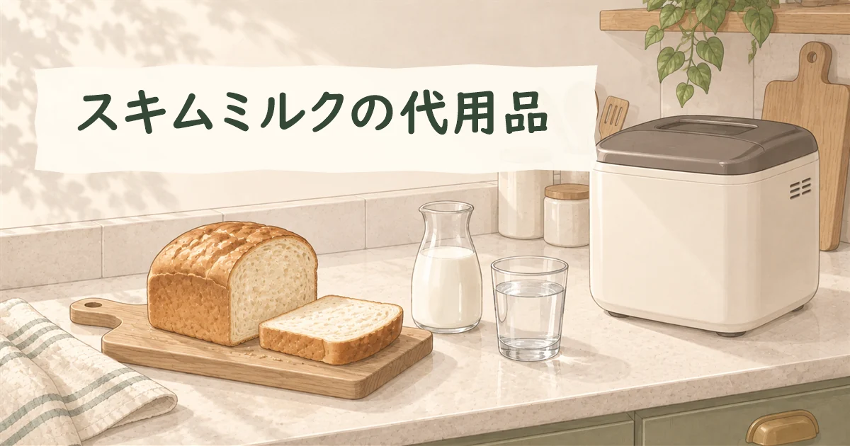 パン、別々の牛乳と水、閉じたホームベーカリーを並べ、配合を確認してから作ることを表したイラスト。