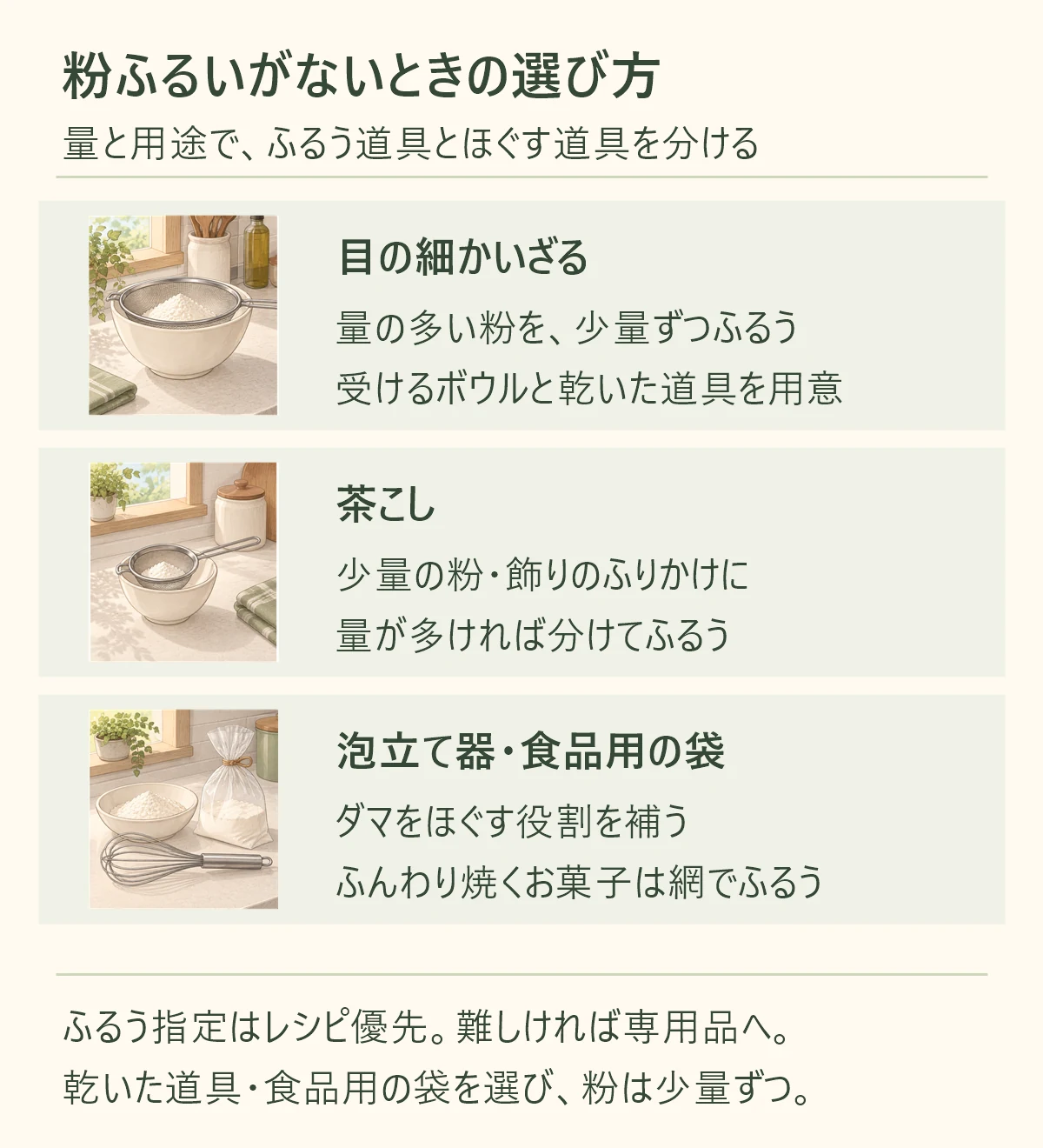 粉ふるいがないときの選び方。目の細かいざるは量の多い粉、茶こしは少量の粉や飾り用に。泡立て器と食品用の袋はダマをほぐす役割を補うが、ふんわり感が大事なお菓子は網でふるう。乾いた道具を使い、レシピのふるう指定を優先し、難しければ粉ふるいを用意する。