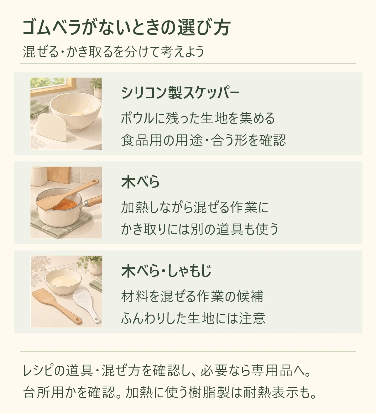 ゴムベラがないときの選び方。シリコン製スケッパーはボウルに残った生地を集める用途、木べらは加熱しながら混ぜる用途、木べら・しゃもじは材料を混ぜる候補。木べら・しゃもじでふんわりした生地を扱うときは注意。台所用の道具を選び、加熱に使う樹脂製は耐熱表示を確認。レシピの道具・混ぜ方を優先し、必要なら適した道具を用意する。