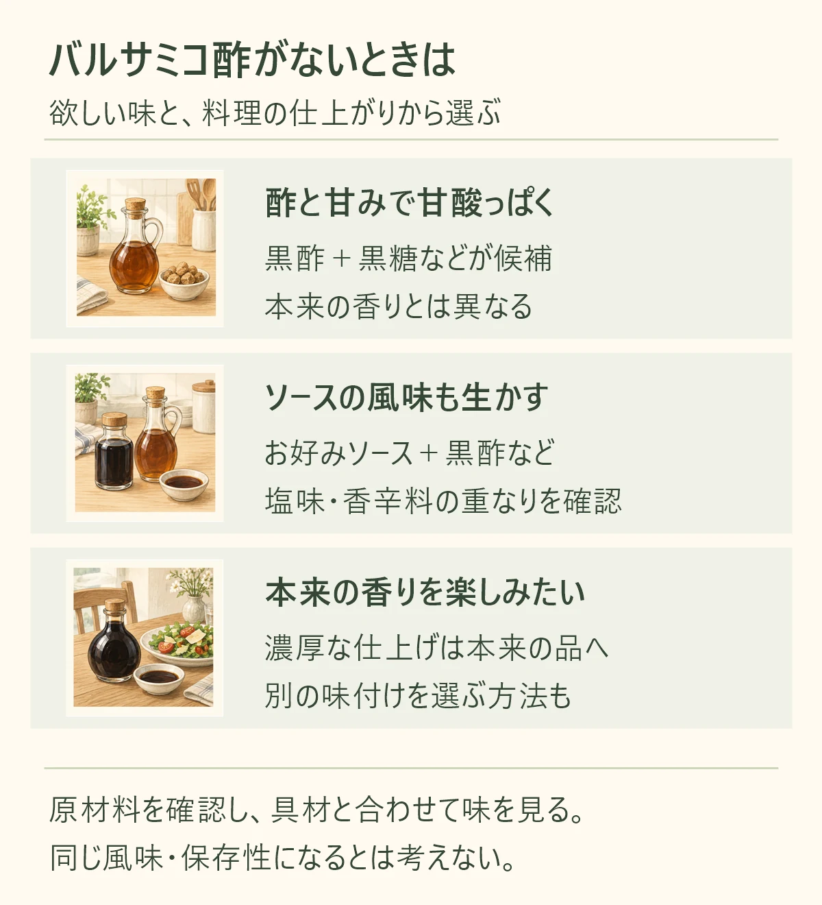 バルサミコ酢がないときの判断図。黒酢と黒糖など酢と甘みを合わせる方向、お好みソースと黒酢などソースの風味も生かす方向、本来の香りや濃厚な仕上がりには本来の品を用意する方向を分ける。原材料、塩味や香辛料、料理との相性を確認する。