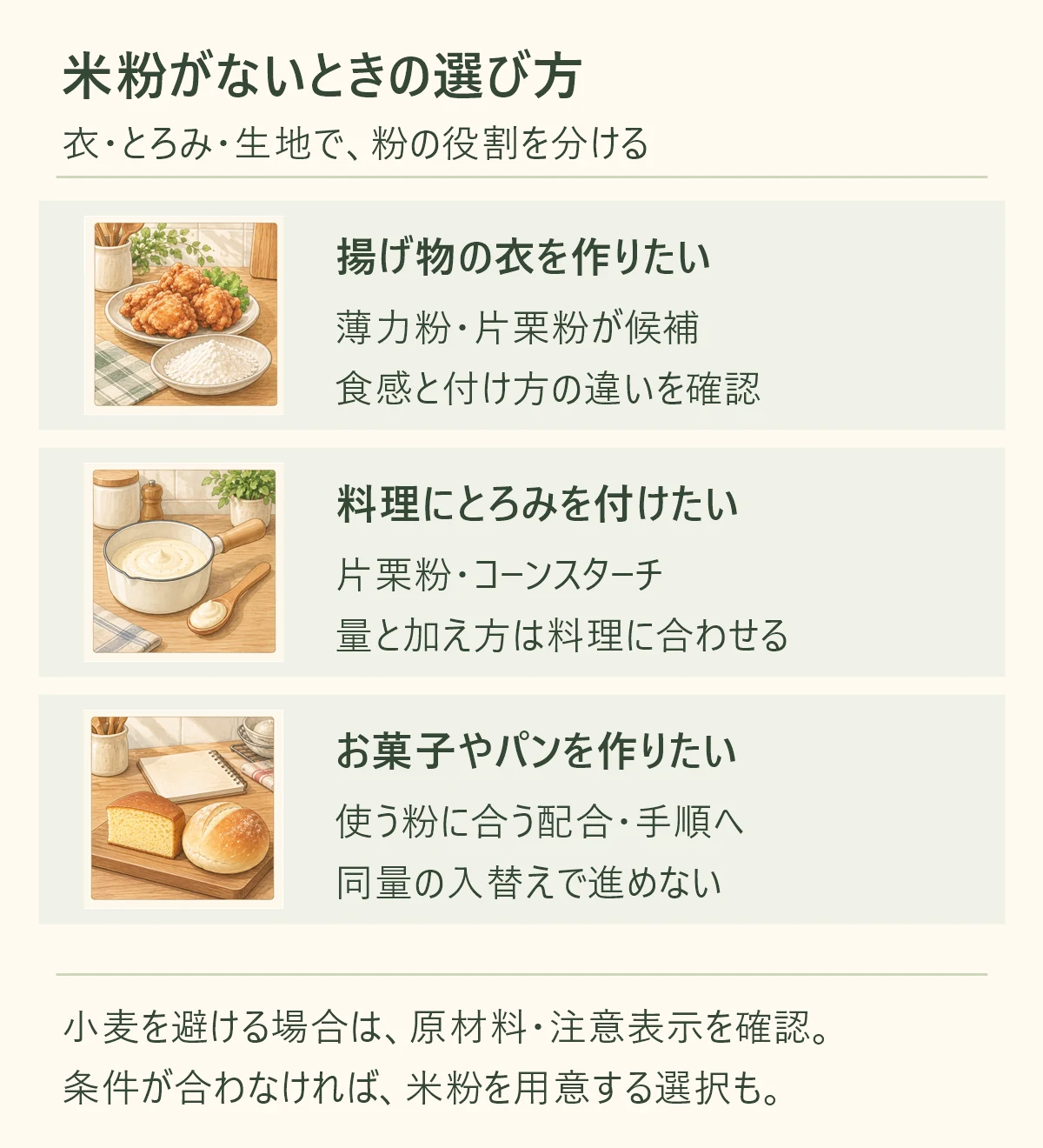 米粉がないときは用途から選ぶ。揚げ物の衣は薄力粉や片栗粉、とろみは片栗粉やコーンスターチ、お菓子やパンは使う粉に合う配合と手順へ切り替える。同量の入替えで進めず、小麦を避ける場合は原材料と注意表示を確認する。