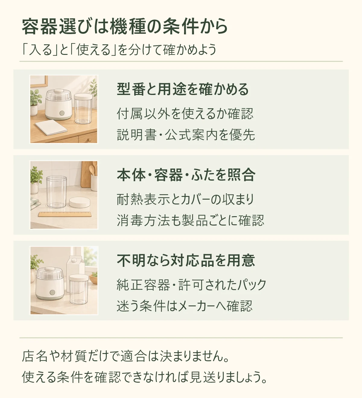 ヨーグルトメーカーの容器選びは型番と用途を確認し、本体・容器・ふたの適合と消毒方法を照合。不明なら純正容器や許可されたパックを用意しメーカーへ確認する手順