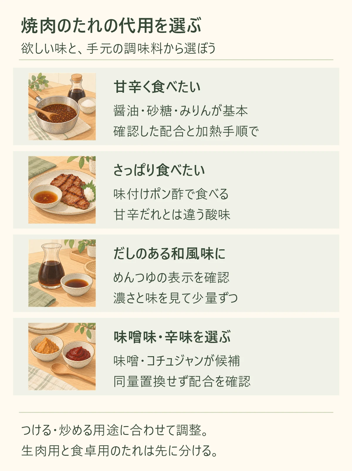 焼肉のたれの代用早見表。甘辛さは醤油・砂糖・みりんの確認済み配合、さっぱりなら味付けポン酢、和風味はめんつゆの表示と濃さを確認、味噌やコチュジャンは同量置換せず配合を確認。生肉用と食卓用は先に分ける。