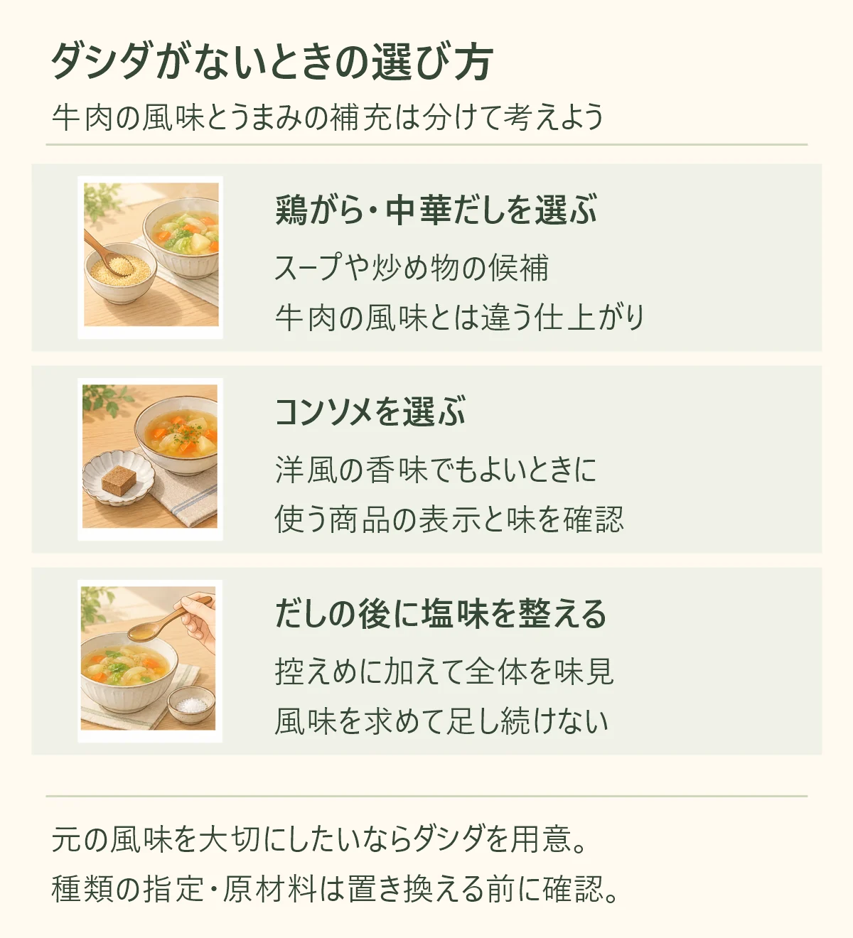 ダシダの代用は鶏がら・中華だし、または洋風の香味を許容できるときのコンソメから選ぶ。控えめに加えて味見し、塩味を後で整え、元の風味を求めるならダシダを用意する選び方