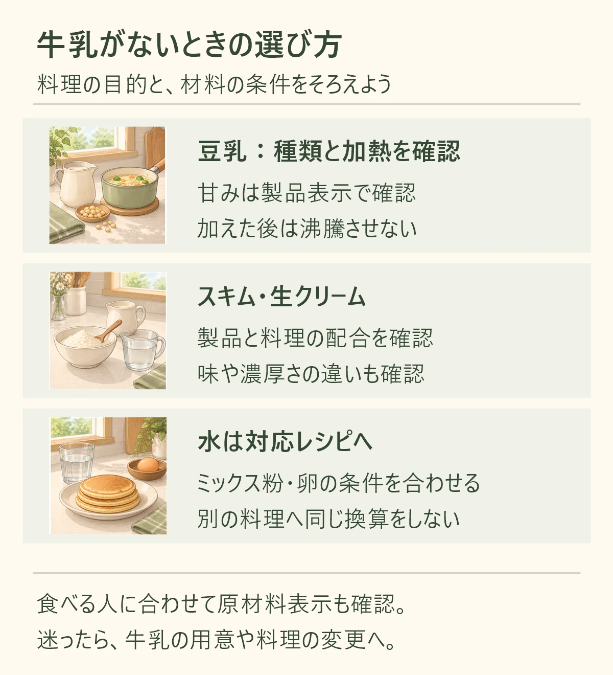 牛乳の代用の早見表。豆乳は種類と加熱、スキムミルクと生クリームは製品と料理の配合、水は対応レシピを確認する。