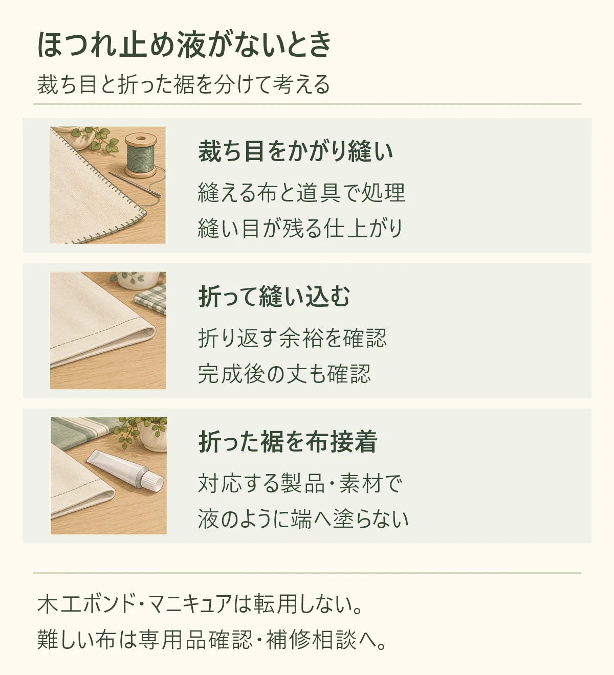 ほつれ止め液がないときの方法。裁ち目はかがり縫い、余裕のある端は折って縫い、折った裾は対応する布接着剤も候補。布端へ液のように塗らず、木工ボンドやマニキュアは転用しない。