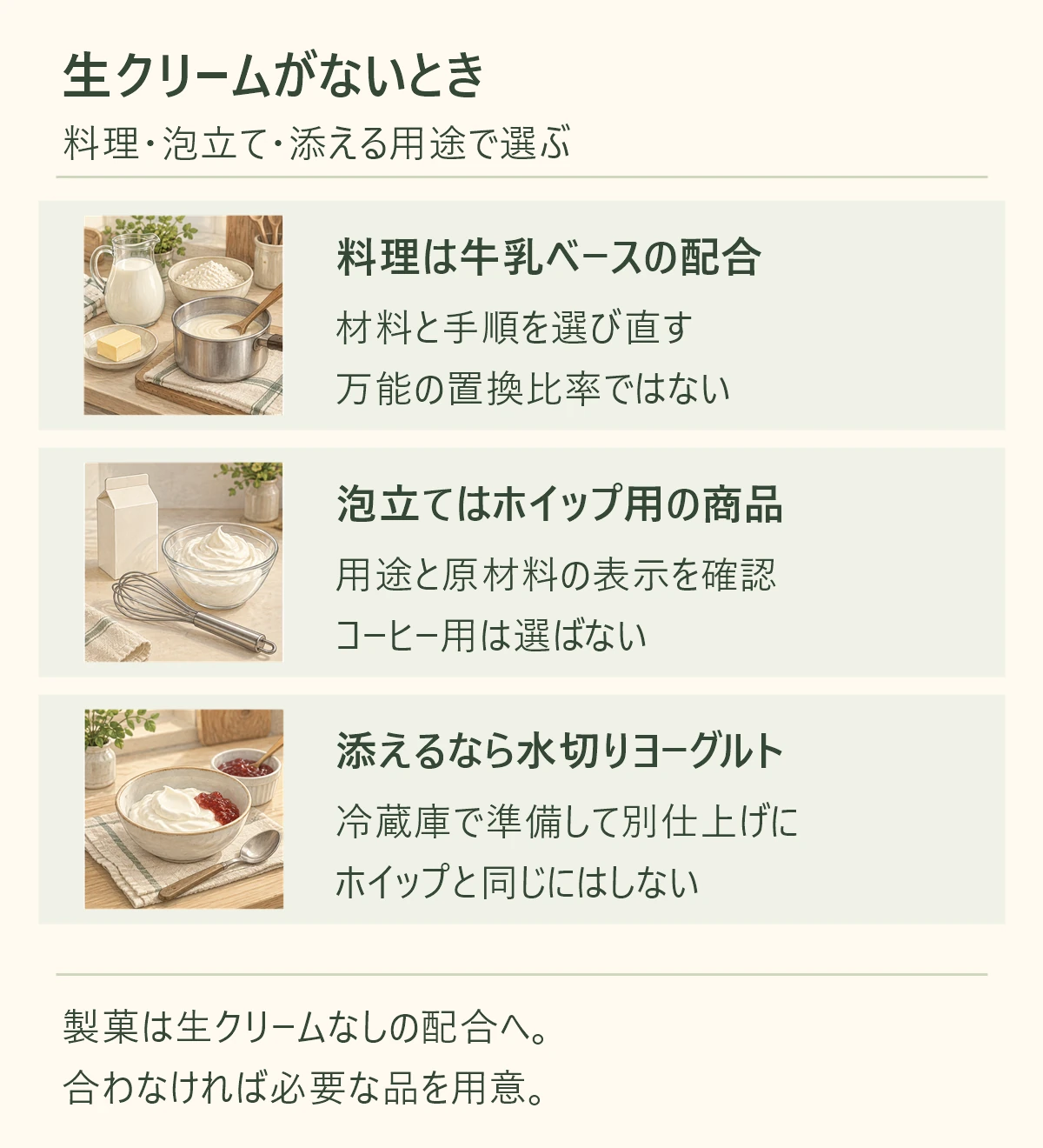 生クリームがないときの用途別の選び方。料理は牛乳ベースの配合を選び直し、泡立ては用途に合うホイップ用の商品、添える仕上げには冷蔵庫で準備する水切りヨーグルト。製菓は生クリームなしの配合を確認し、合わなければ必要な品を用意する。