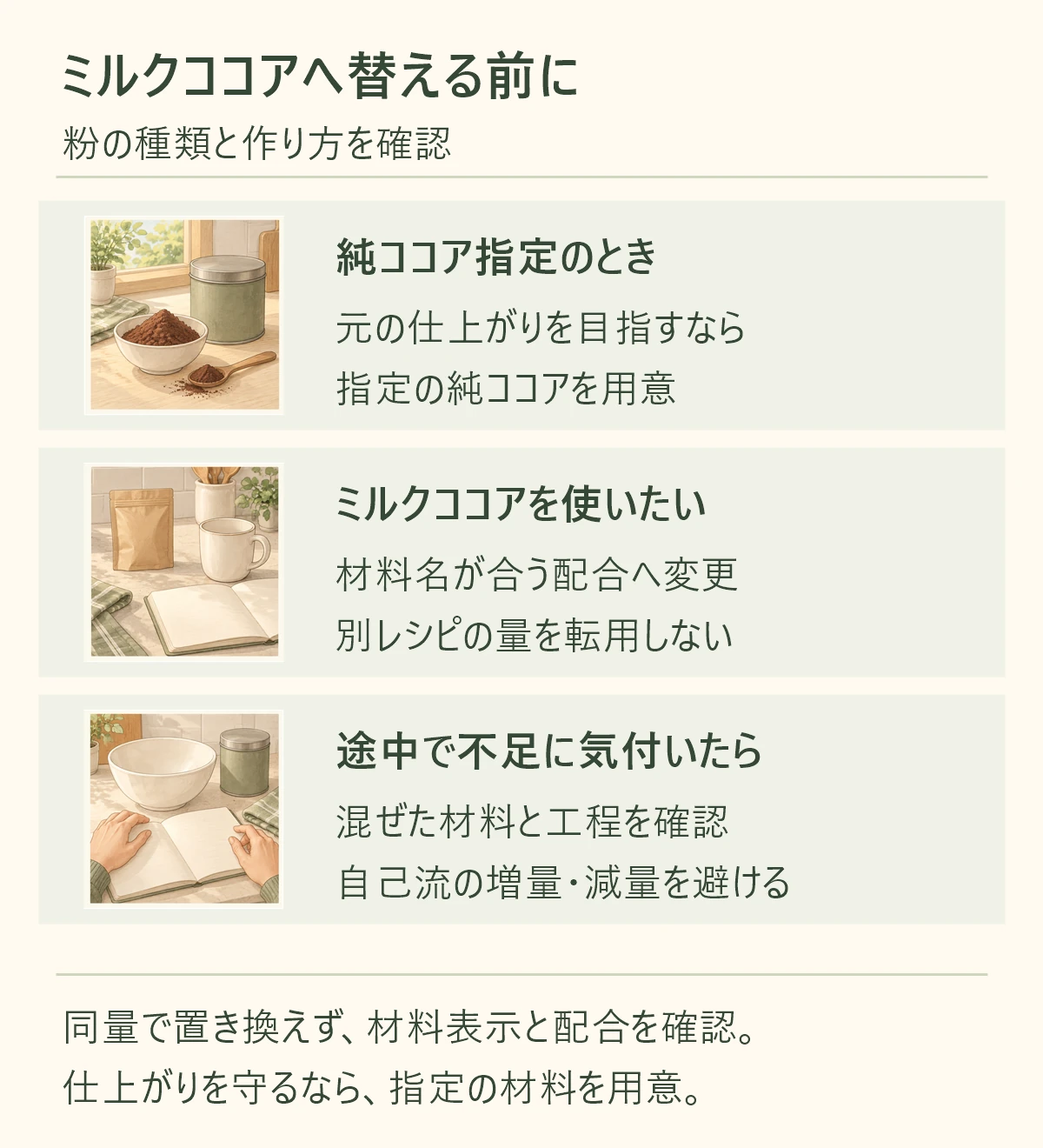ミルクココアへ替える前の判断。純ココア指定なら元の材料を用意し、ミルクココアを使うなら材料名が合う配合へ変更。途中で不足したら工程を確認する。