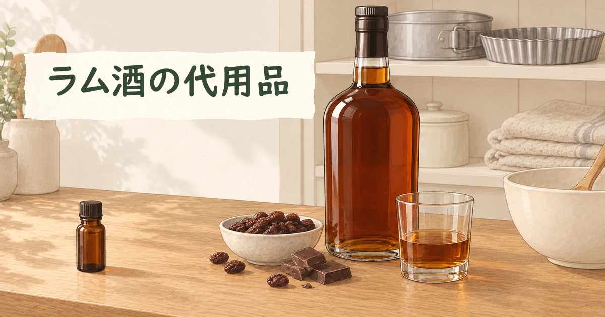 ラム酒の瓶とグラス、レーズンとチョコレート